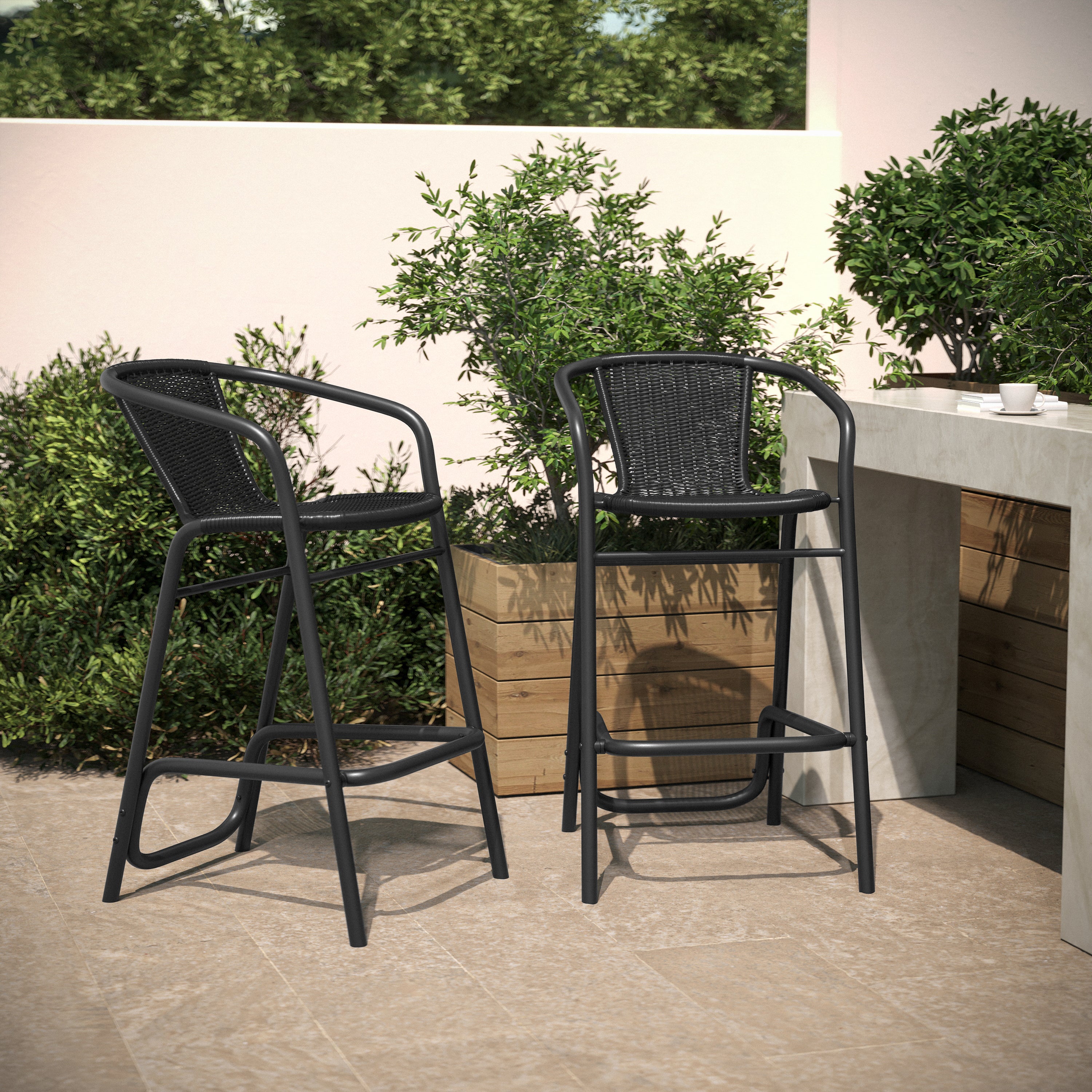 Lila Set of 2 Commercial Grade Indoor-Outdoor PE Rattan Restaurant Barstool with Black Aluminum Frame and Footrest in Black