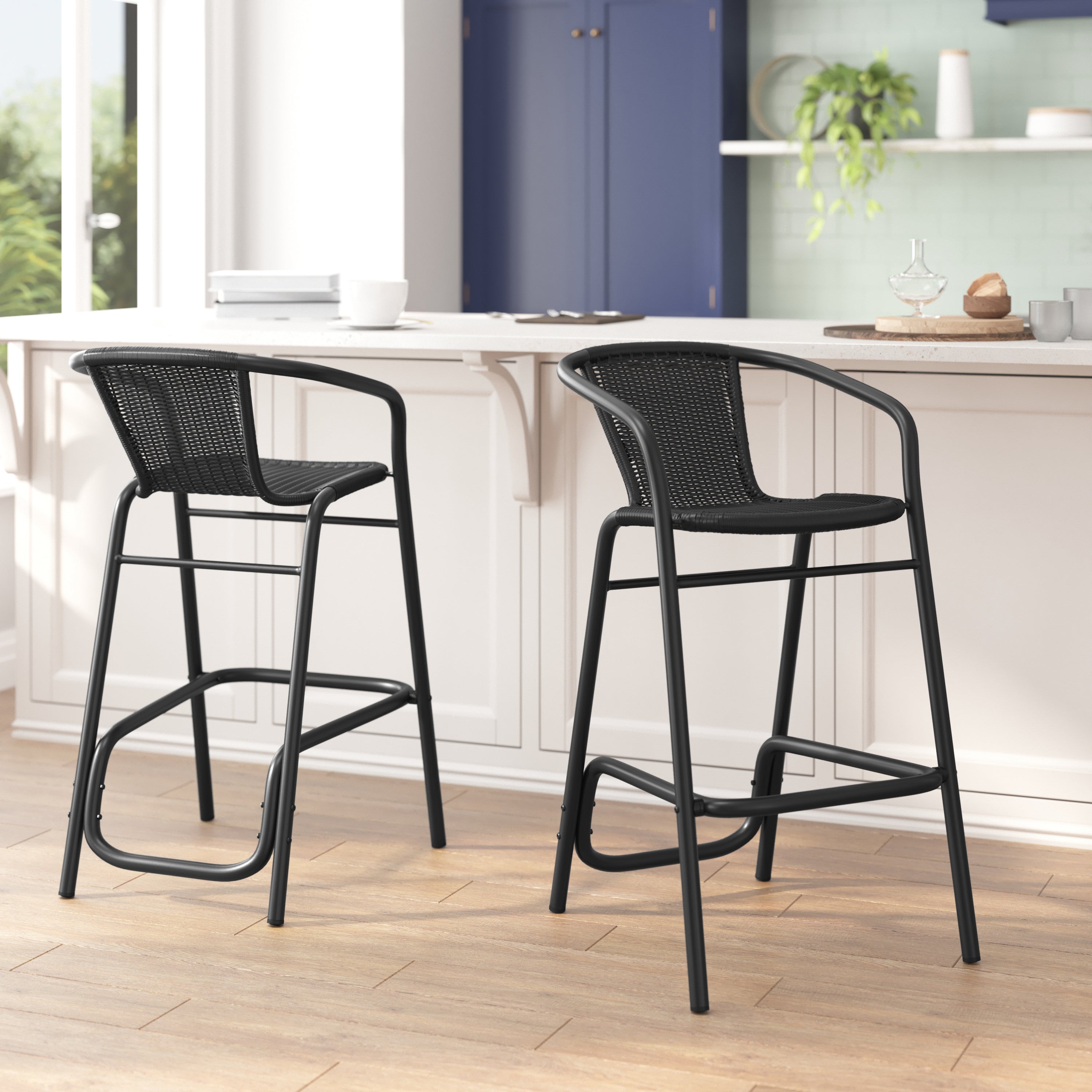 Lila Set of 2 Commercial Grade Indoor-Outdoor PE Rattan Restaurant Barstool with Black Aluminum Frame and Footrest in Black