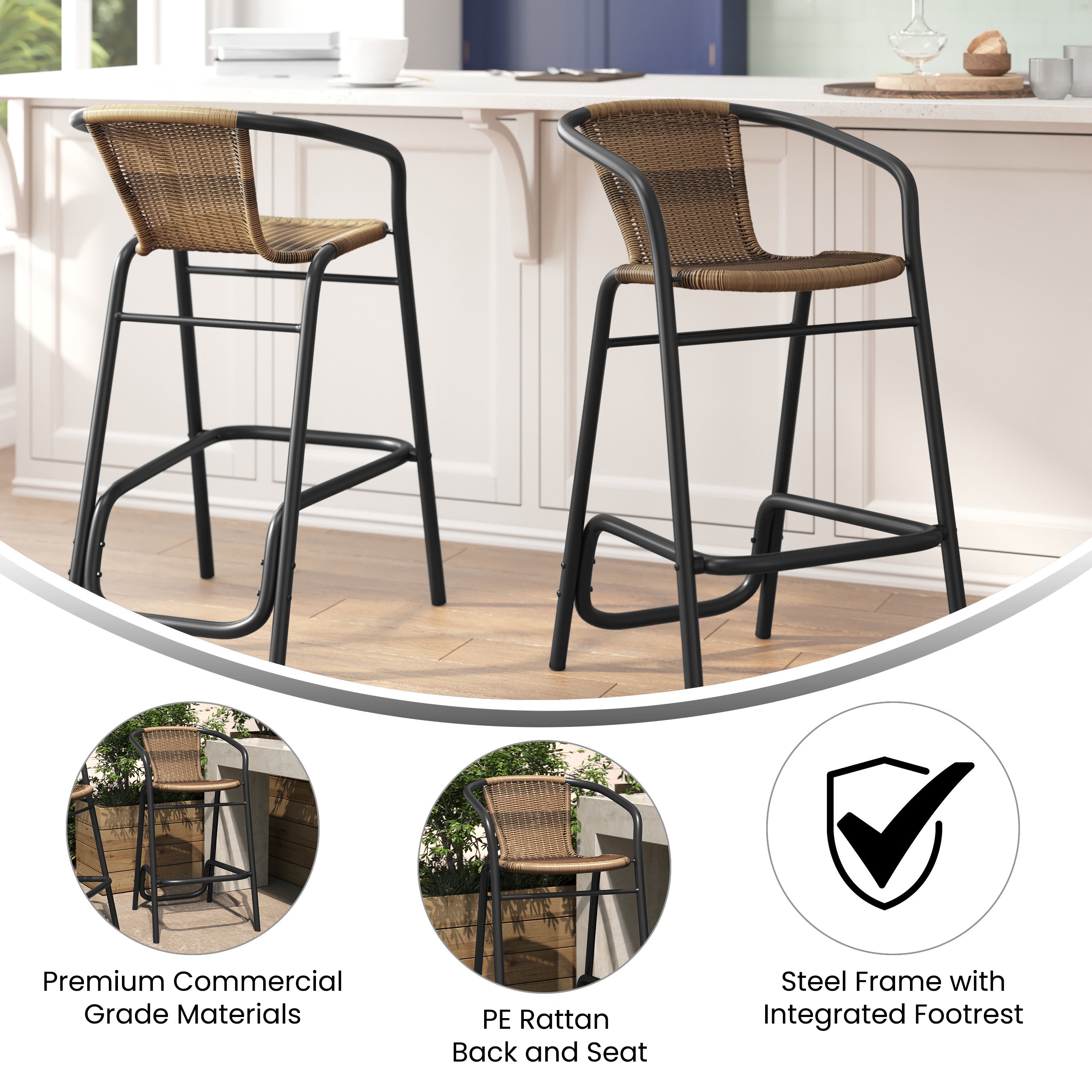 Lila Set of 2 Commercial Grade Indoor-Outdoor PE Rattan Restaurant Barstool with Black Aluminum Frame and Footrest in Medium Brown