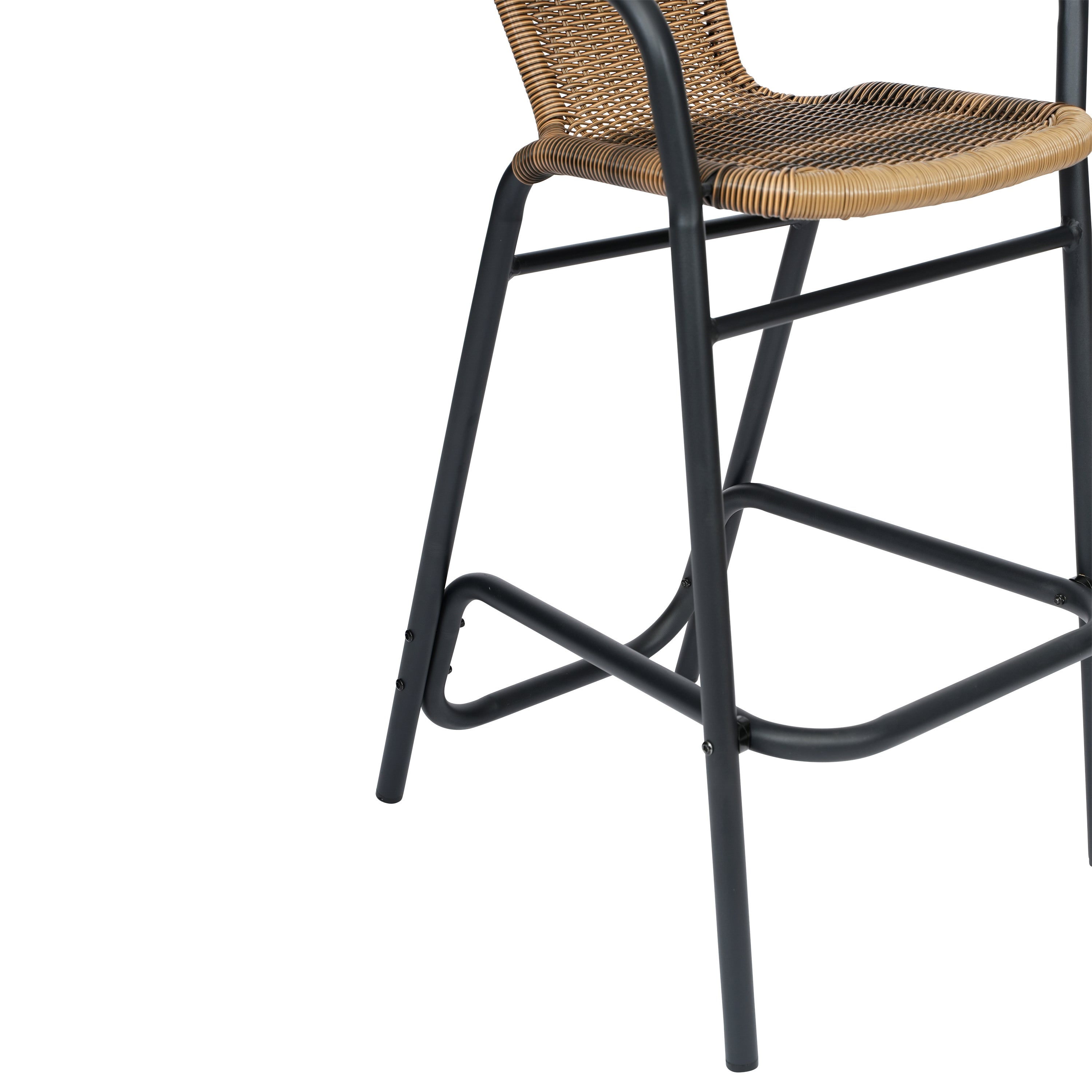 Lila Set of 2 Commercial Grade Indoor-Outdoor PE Rattan Restaurant Barstool with Black Aluminum Frame and Footrest in Medium Brown