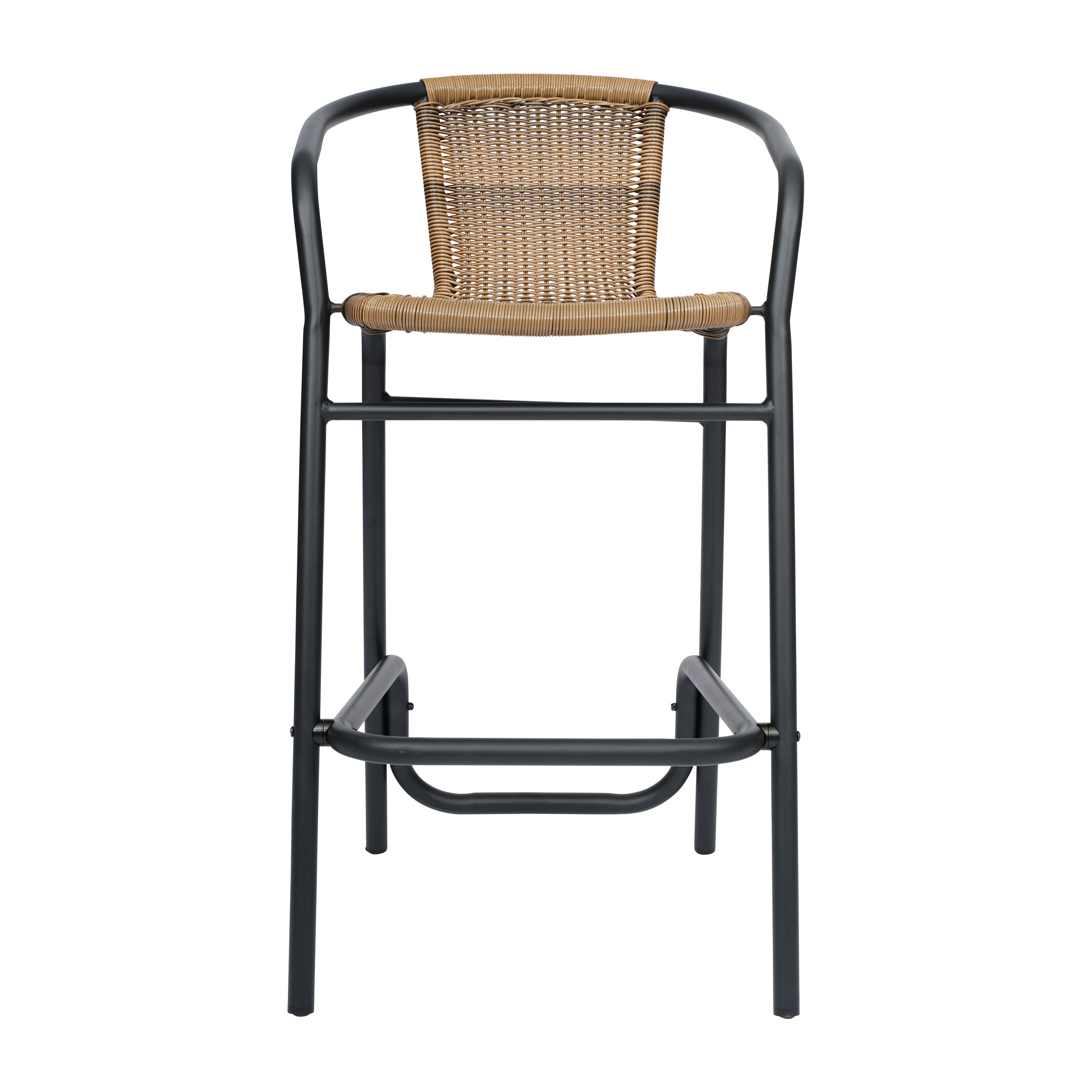 Lila Set of 2 Commercial Grade Indoor-Outdoor PE Rattan Restaurant Barstool with Black Aluminum Frame and Footrest in Medium Brown