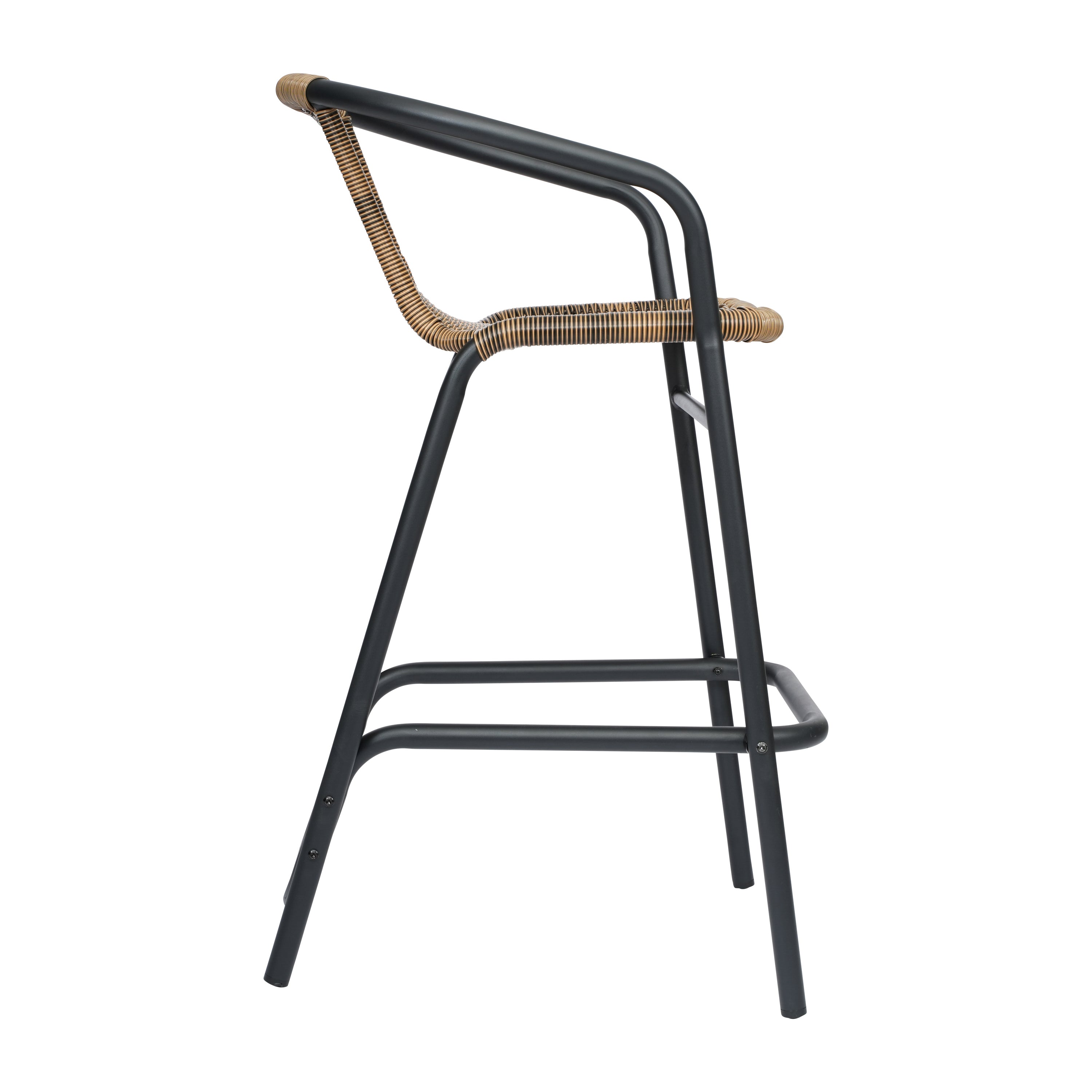 Lila Set of 2 Commercial Grade Indoor-Outdoor PE Rattan Restaurant Barstool with Black Aluminum Frame and Footrest in Medium Brown