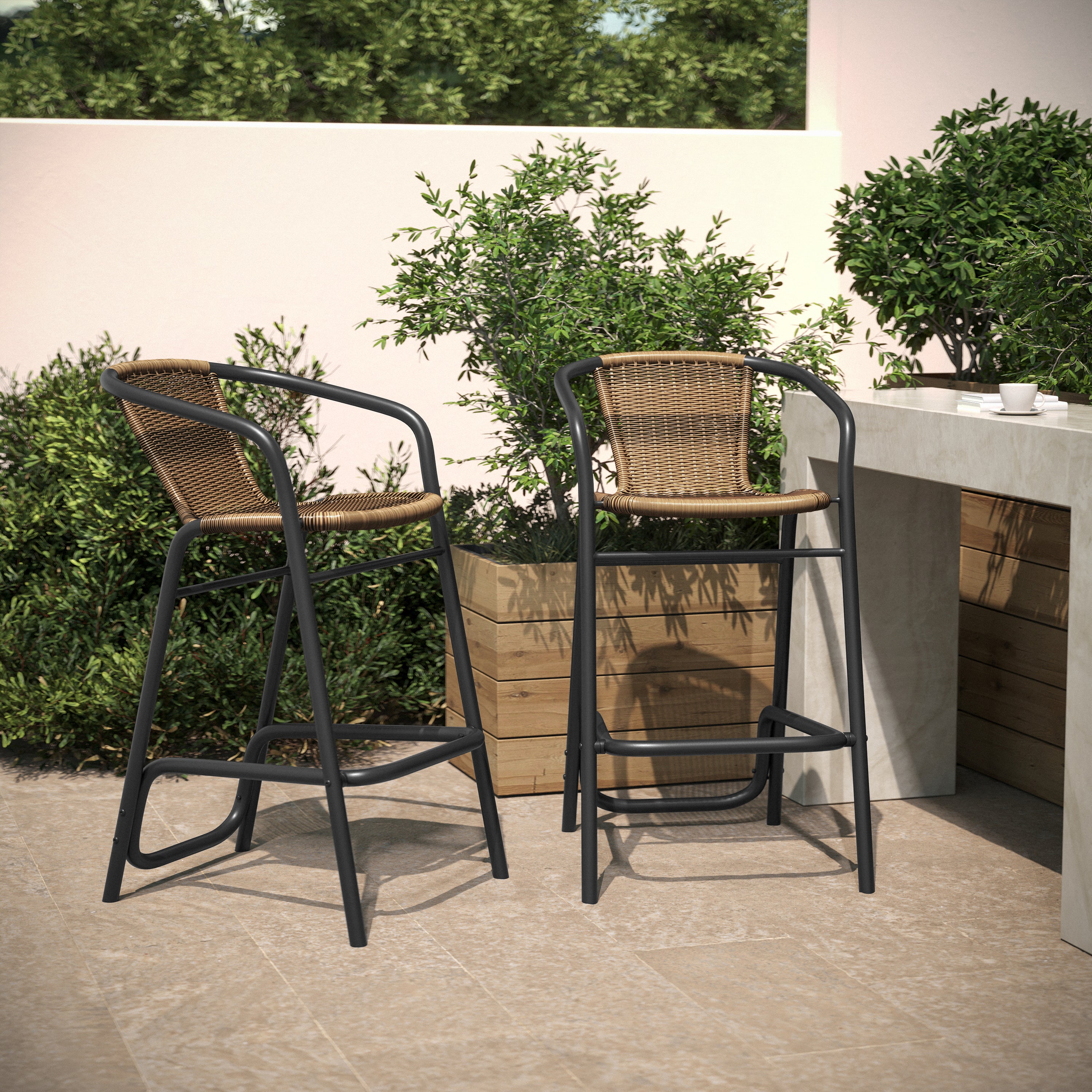 Lila Set of 2 Commercial Grade Indoor-Outdoor PE Rattan Restaurant Barstool with Black Aluminum Frame and Footrest in Medium Brown