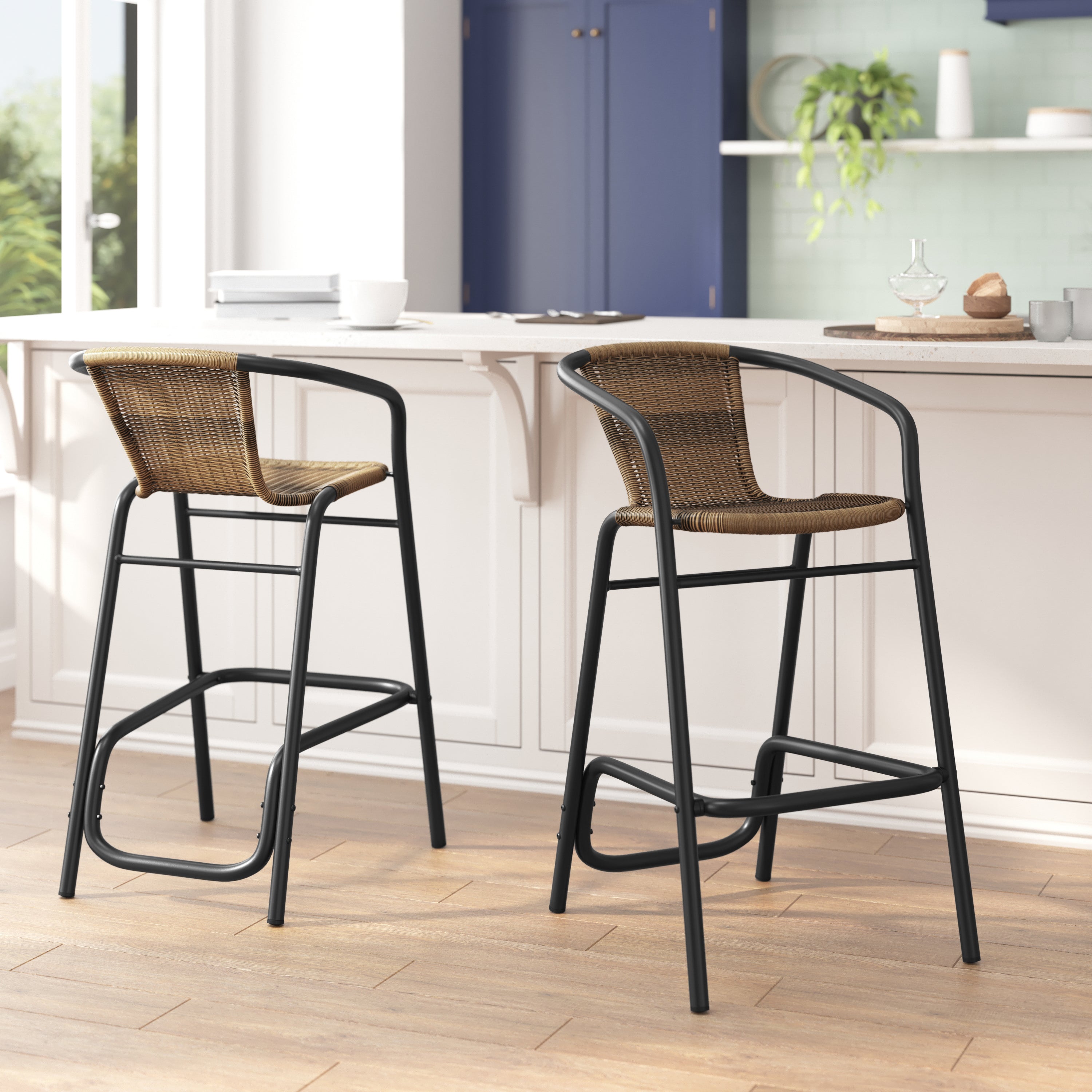 Lila Set of 2 Commercial Grade Indoor-Outdoor PE Rattan Restaurant Barstool with Black Aluminum Frame and Footrest in Medium Brown