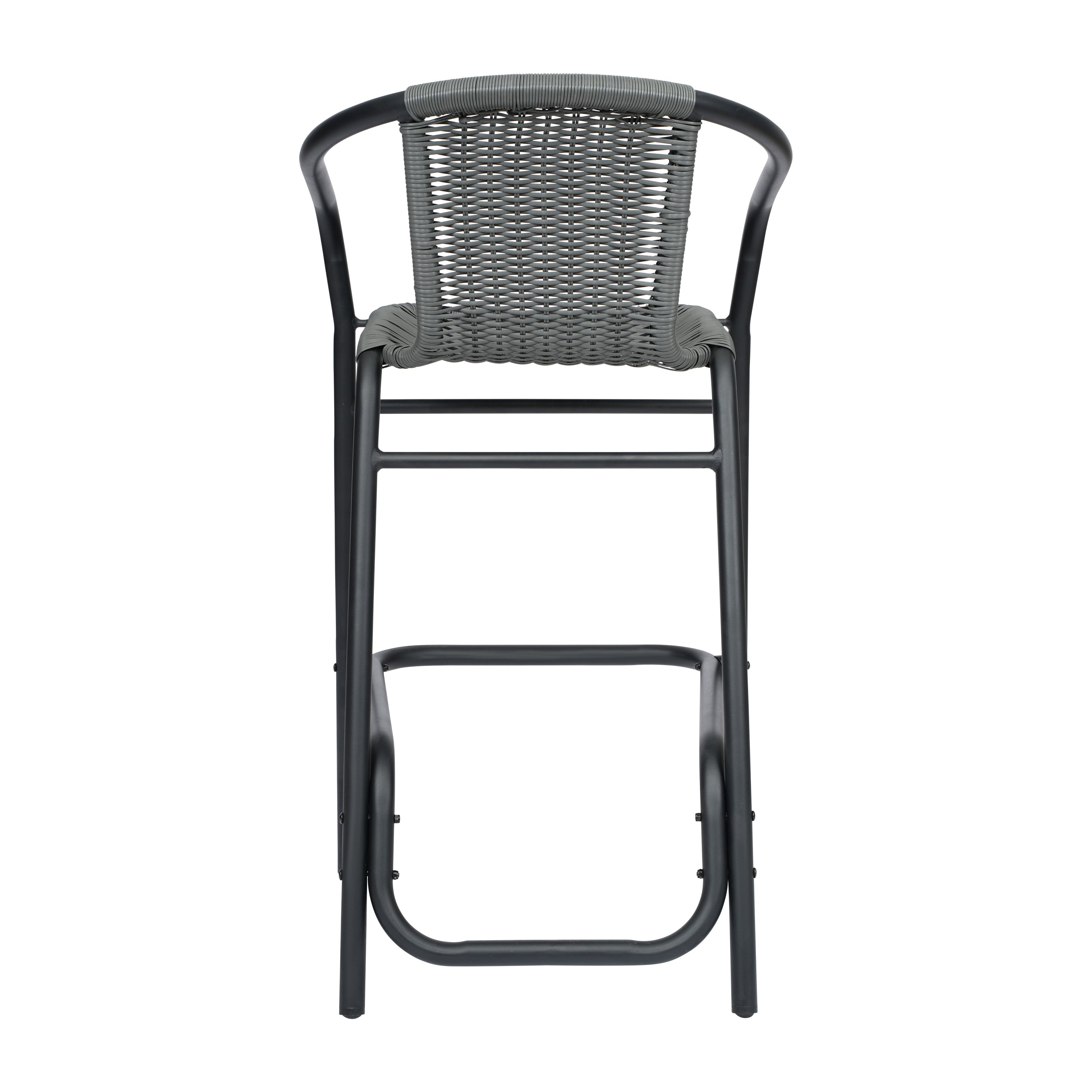 Lila Set of 2 Commercial Grade Indoor-Outdoor PE Rattan Restaurant Barstool with Black Aluminum Frame and Footrest in Gray