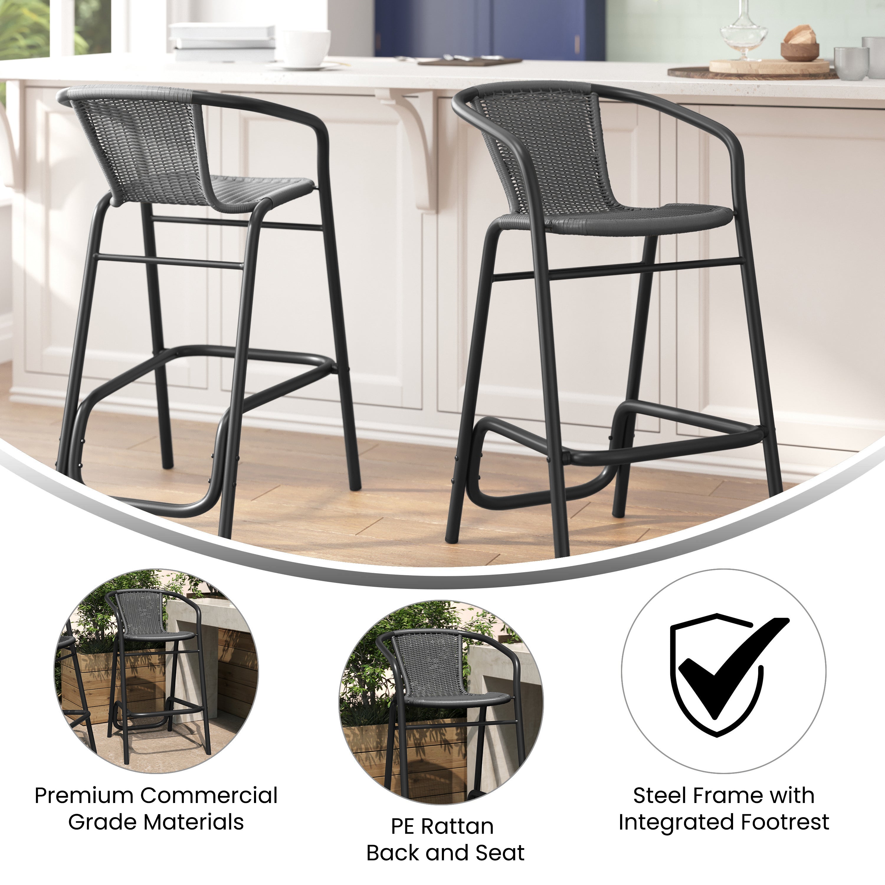Lila Set of 2 Commercial Grade Indoor-Outdoor PE Rattan Restaurant Barstool with Black Aluminum Frame and Footrest in Gray