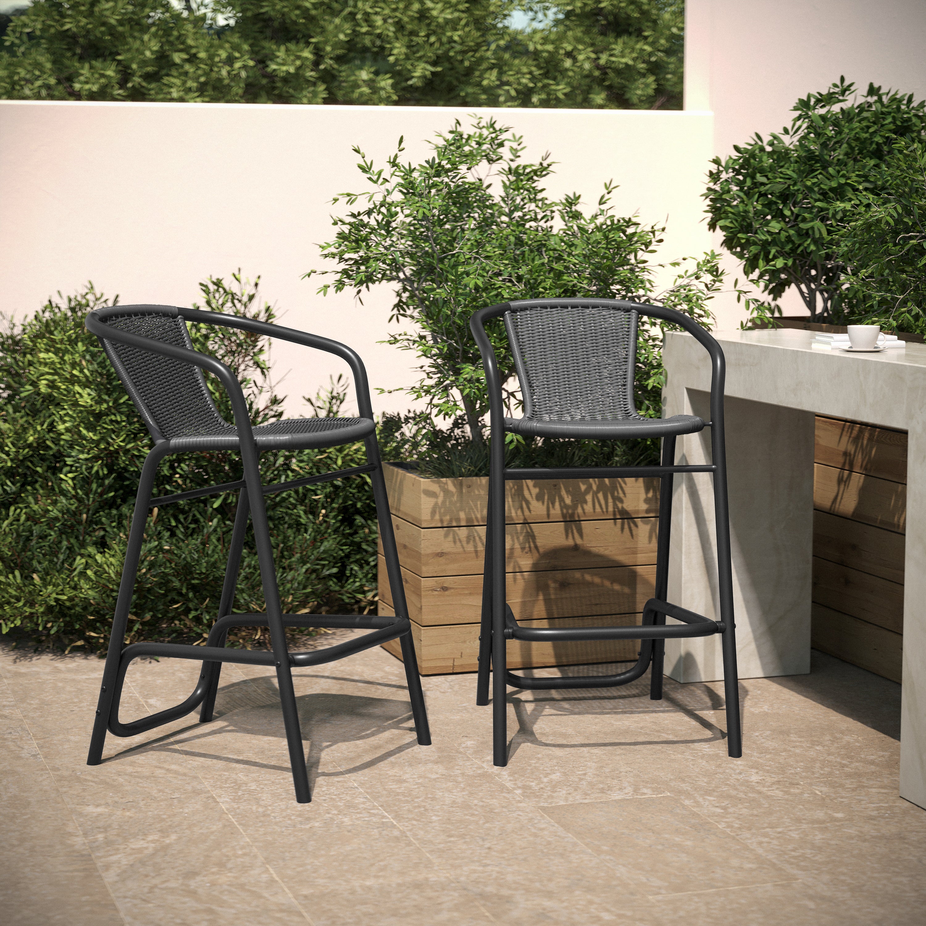 Lila Set of 2 Commercial Grade Indoor-Outdoor PE Rattan Restaurant Barstool with Black Aluminum Frame and Footrest in Gray