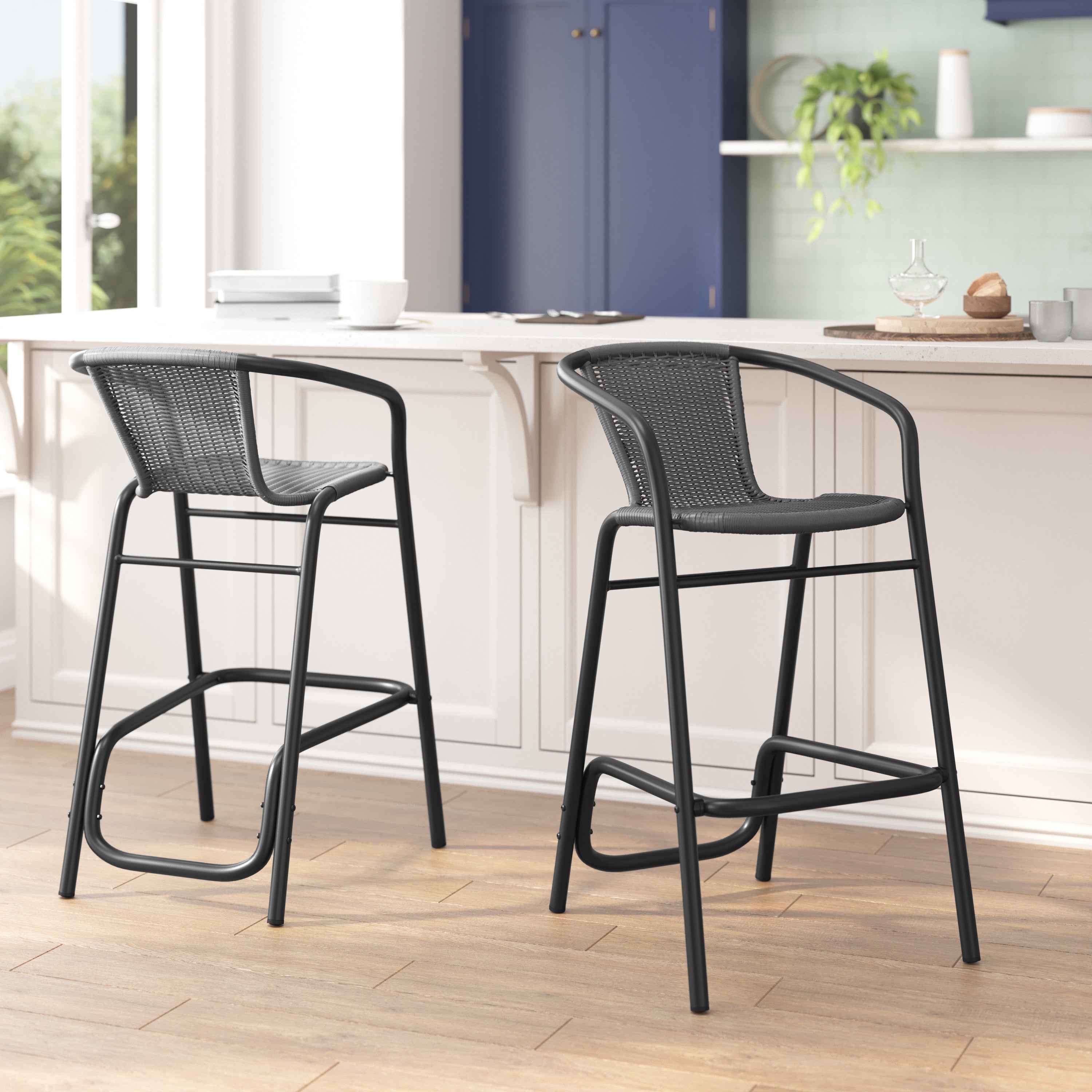 Lila Set of 2 Commercial Grade Indoor-Outdoor PE Rattan Restaurant Barstool with Black Aluminum Frame and Footrest in Gray