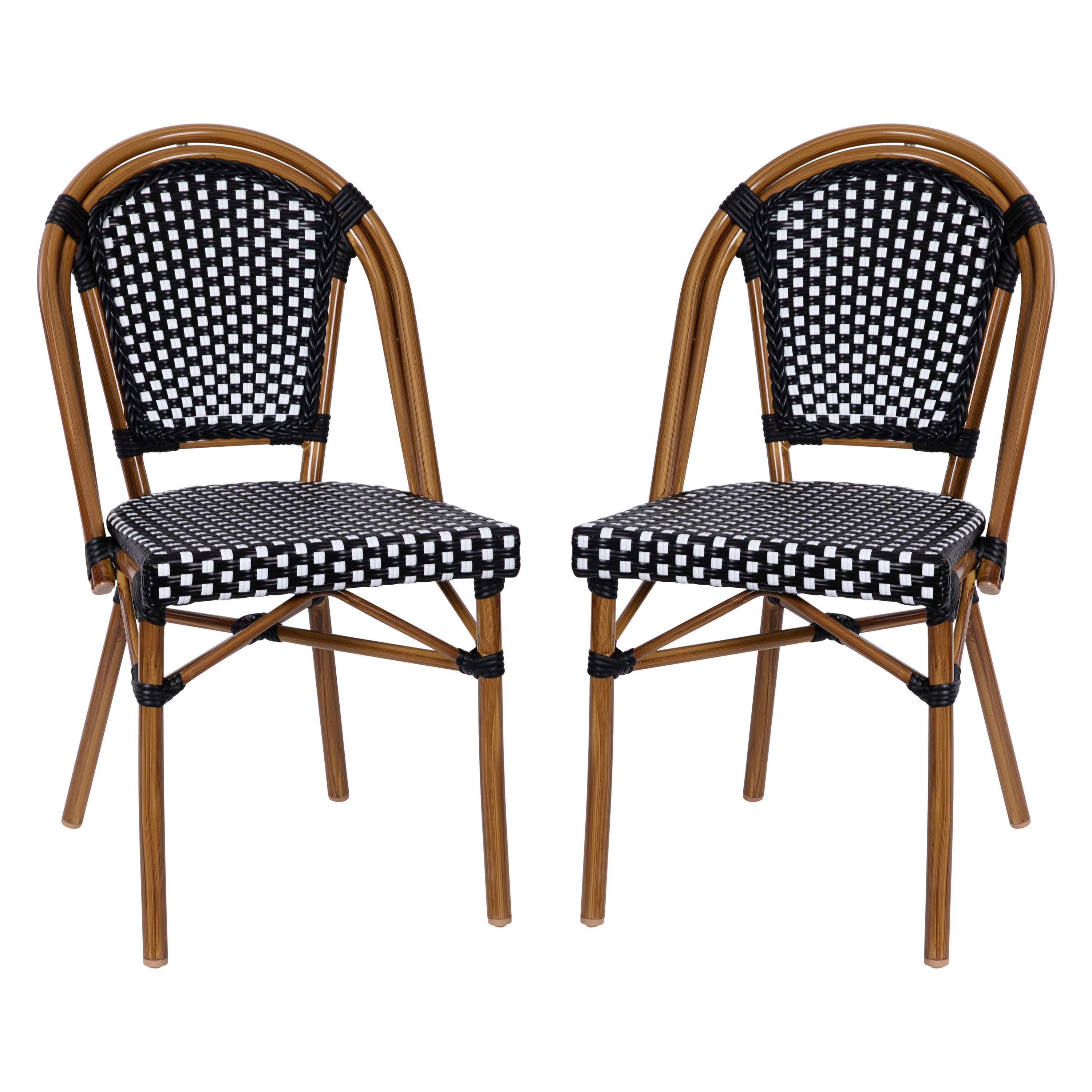 Bordeaux Set of 2 Indoor/Outdoor Commercial Bistro Stacking Chairs, Black/White PE Rattan Back and Seat, Bamboo Print Aluminum Frame in Natural