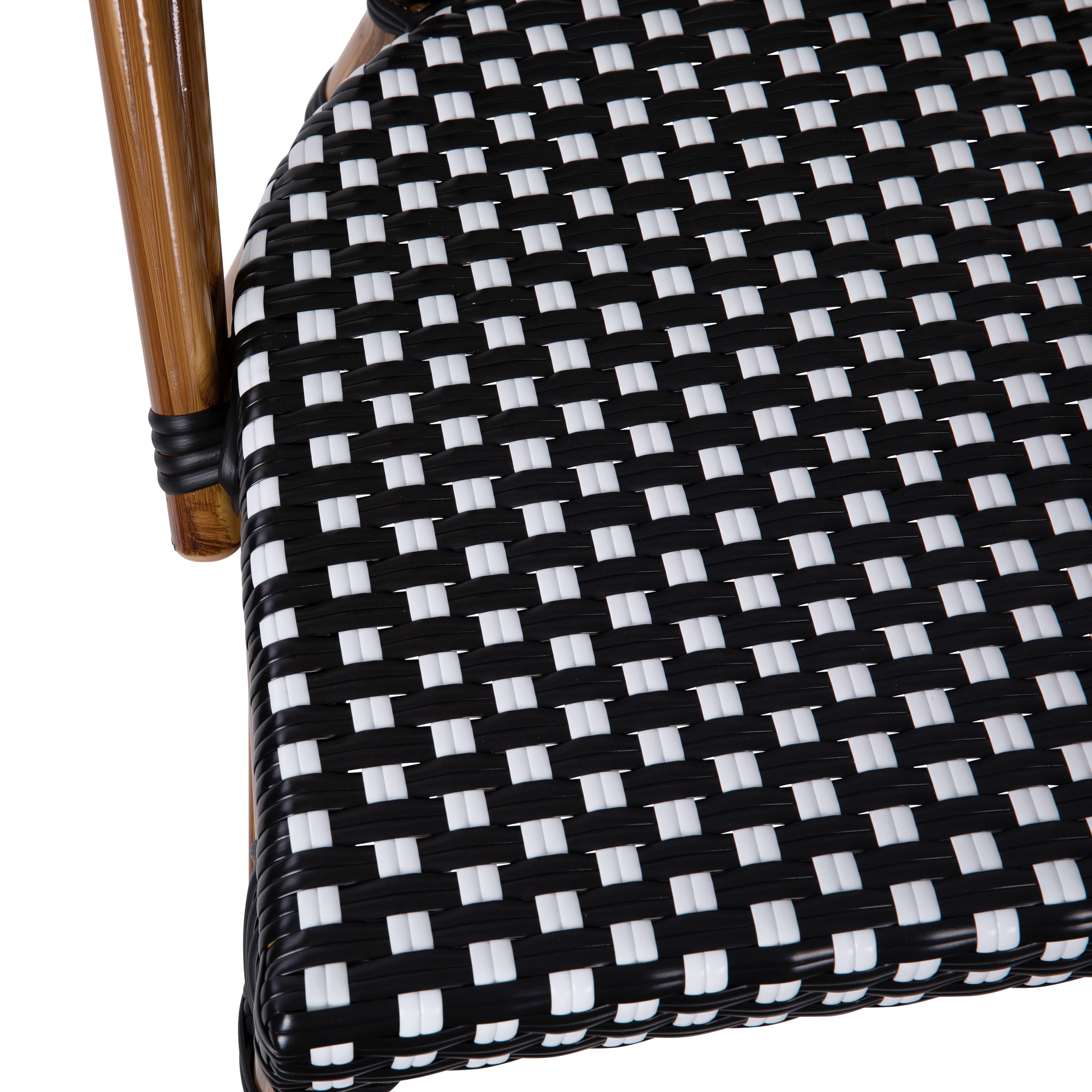 Bordeaux Set of 2 Indoor/Outdoor Commercial Bistro Stacking Chairs, Black/White PE Rattan Back and Seat, Bamboo Print Aluminum Frame in Natural