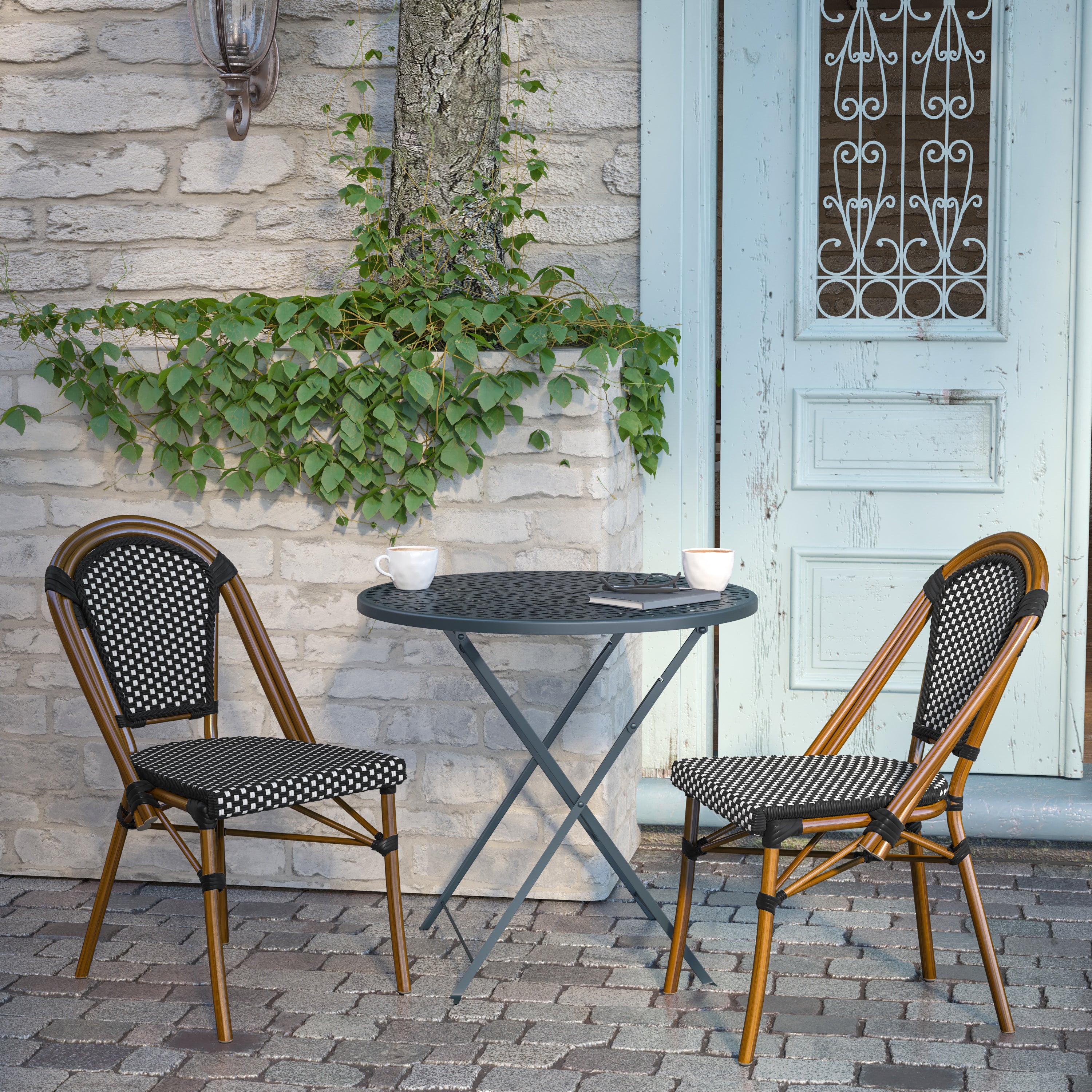 Bordeaux Set of 2 Indoor/Outdoor Commercial Bistro Stacking Chairs, Black/White PE Rattan Back and Seat, Bamboo Print Aluminum Frame in Natural