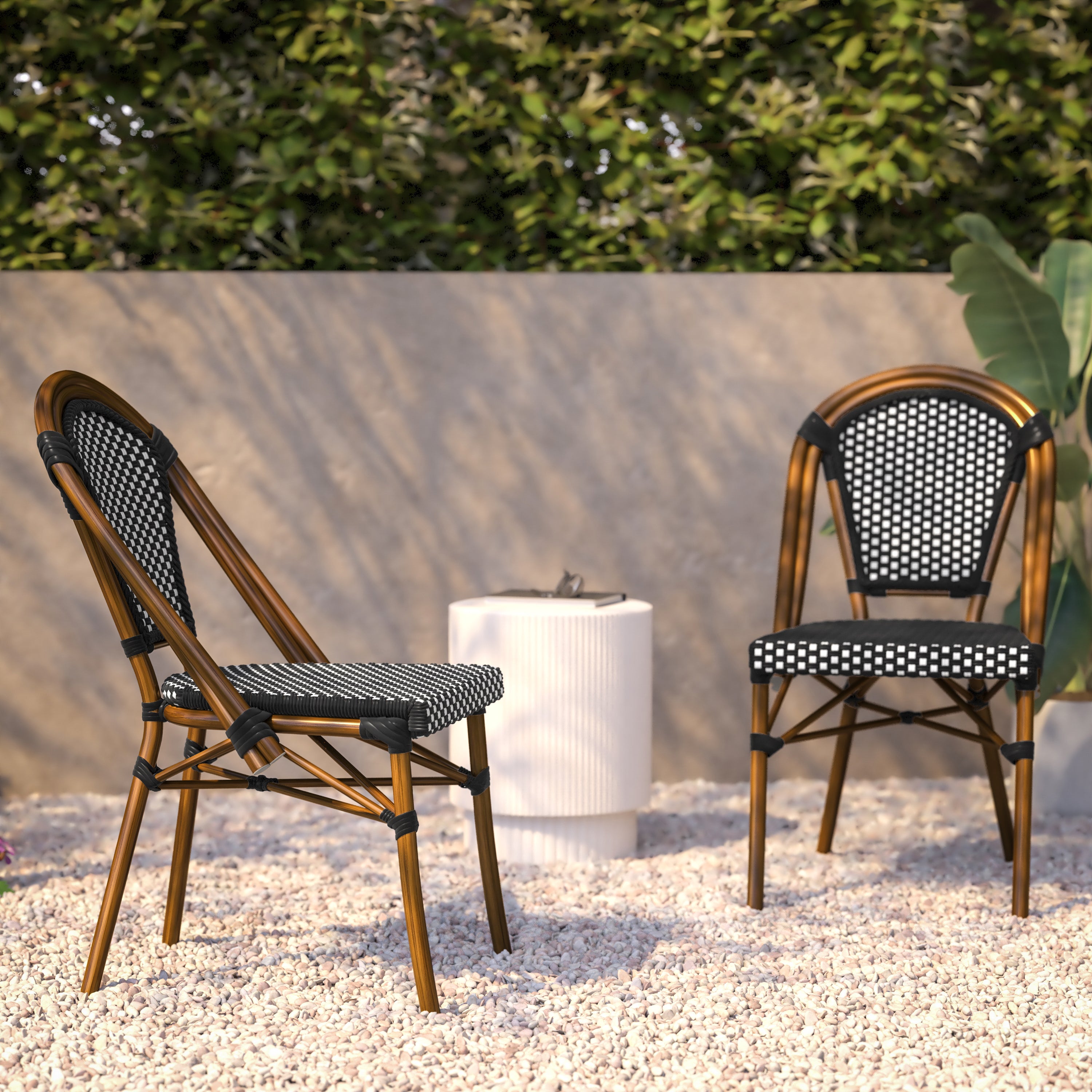 Bordeaux Set of 2 Indoor/Outdoor Commercial Bistro Stacking Chairs, Black/White PE Rattan Back and Seat, Bamboo Print Aluminum Frame in Natural
