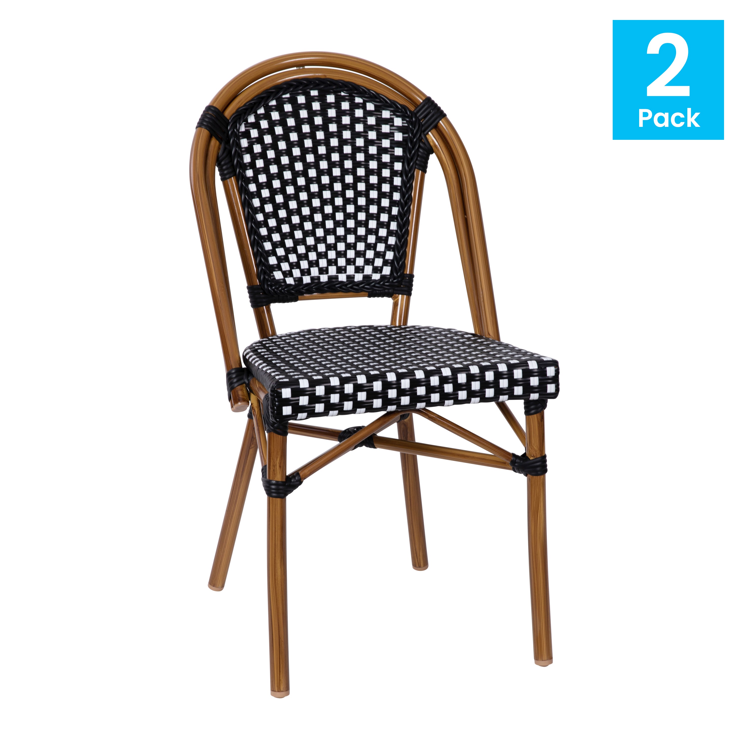 Bordeaux Set of 2 Indoor/Outdoor Commercial Bistro Stacking Chairs, Black/White PE Rattan Back and Seat, Bamboo Print Aluminum Frame in Natural