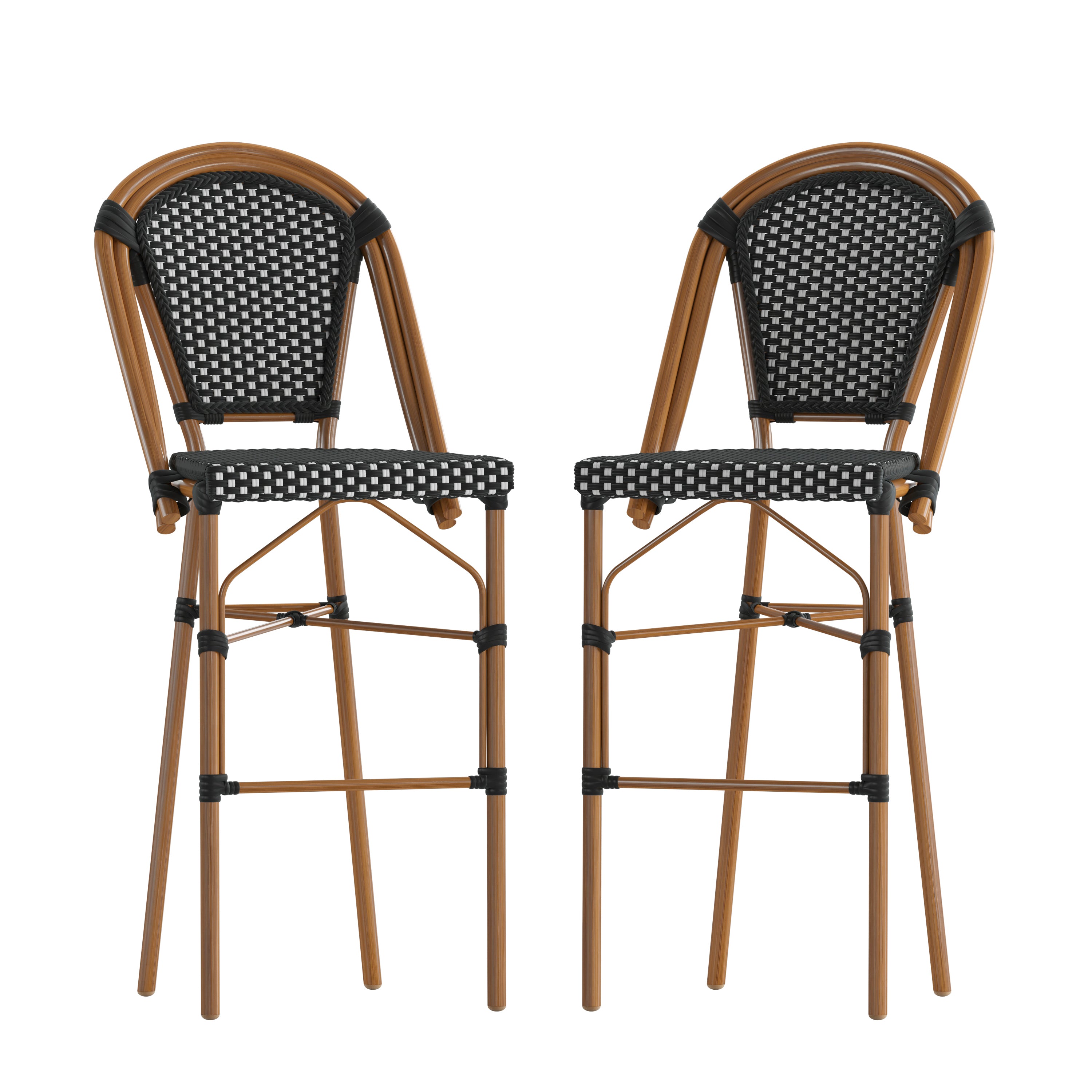 Bordeaux Set of 2 Stackable Indoor/Outdoor Bistro 30" High Barstools, Commercial Grade, Black/White and Bamboo Finish