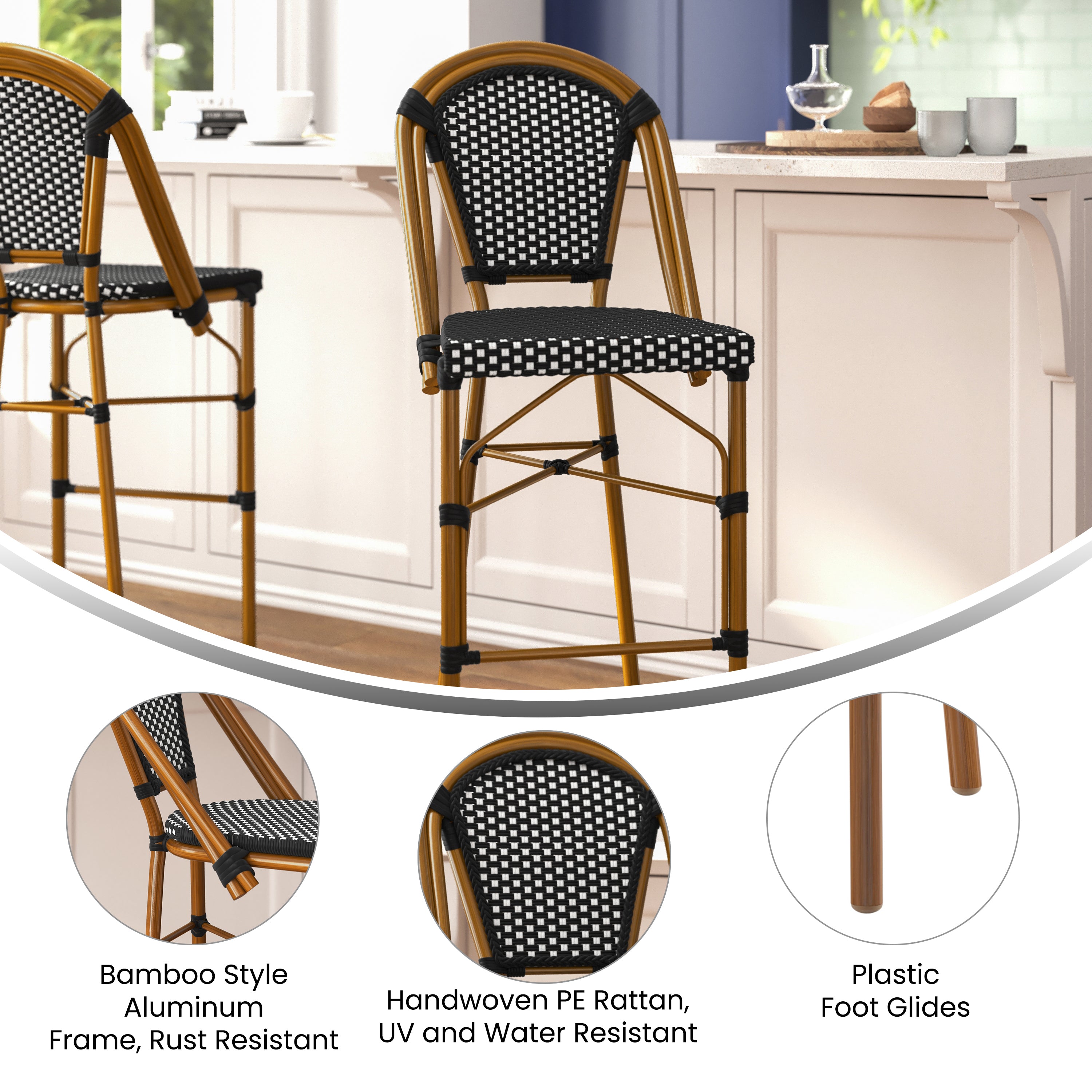 Bordeaux Set of 2 Stackable Indoor/Outdoor Bistro 30" High Barstools, Commercial Grade, Black/White and Bamboo Finish