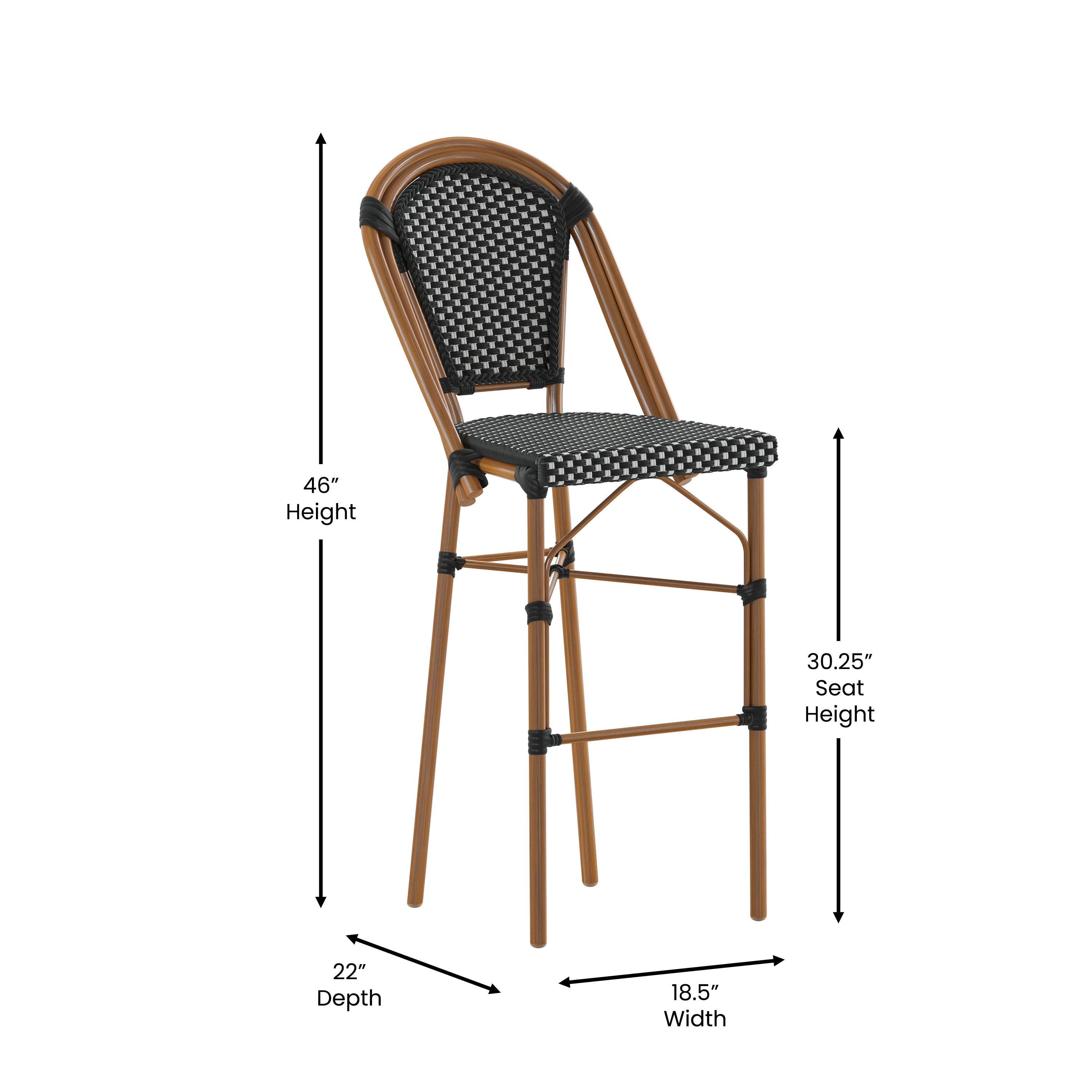 Bordeaux Set of 2 Stackable Indoor/Outdoor Bistro 30" High Barstools, Commercial Grade, Black/White and Bamboo Finish
