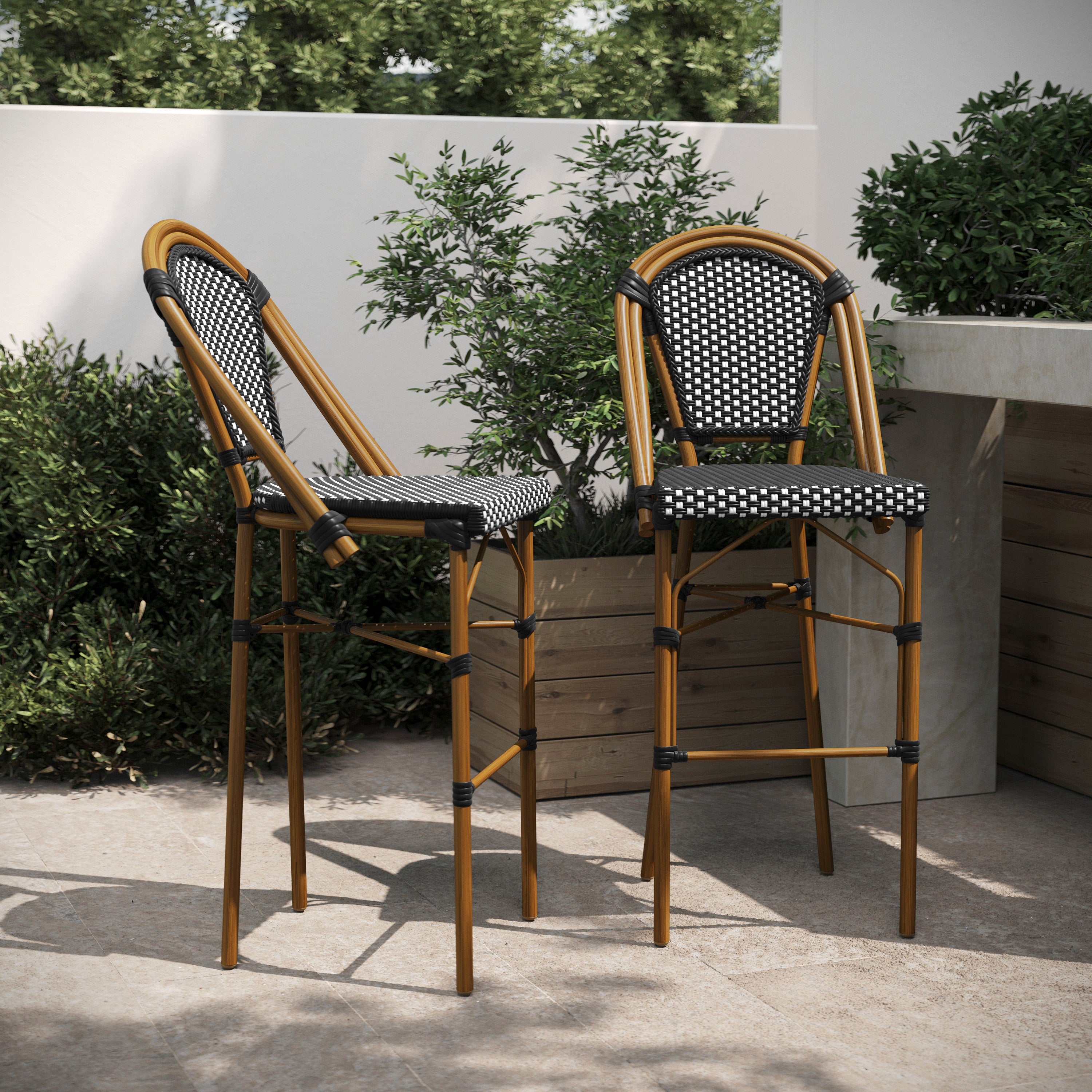 Bordeaux Set of 2 Stackable Indoor/Outdoor Bistro 30" High Barstools, Commercial Grade, Black/White and Bamboo Finish