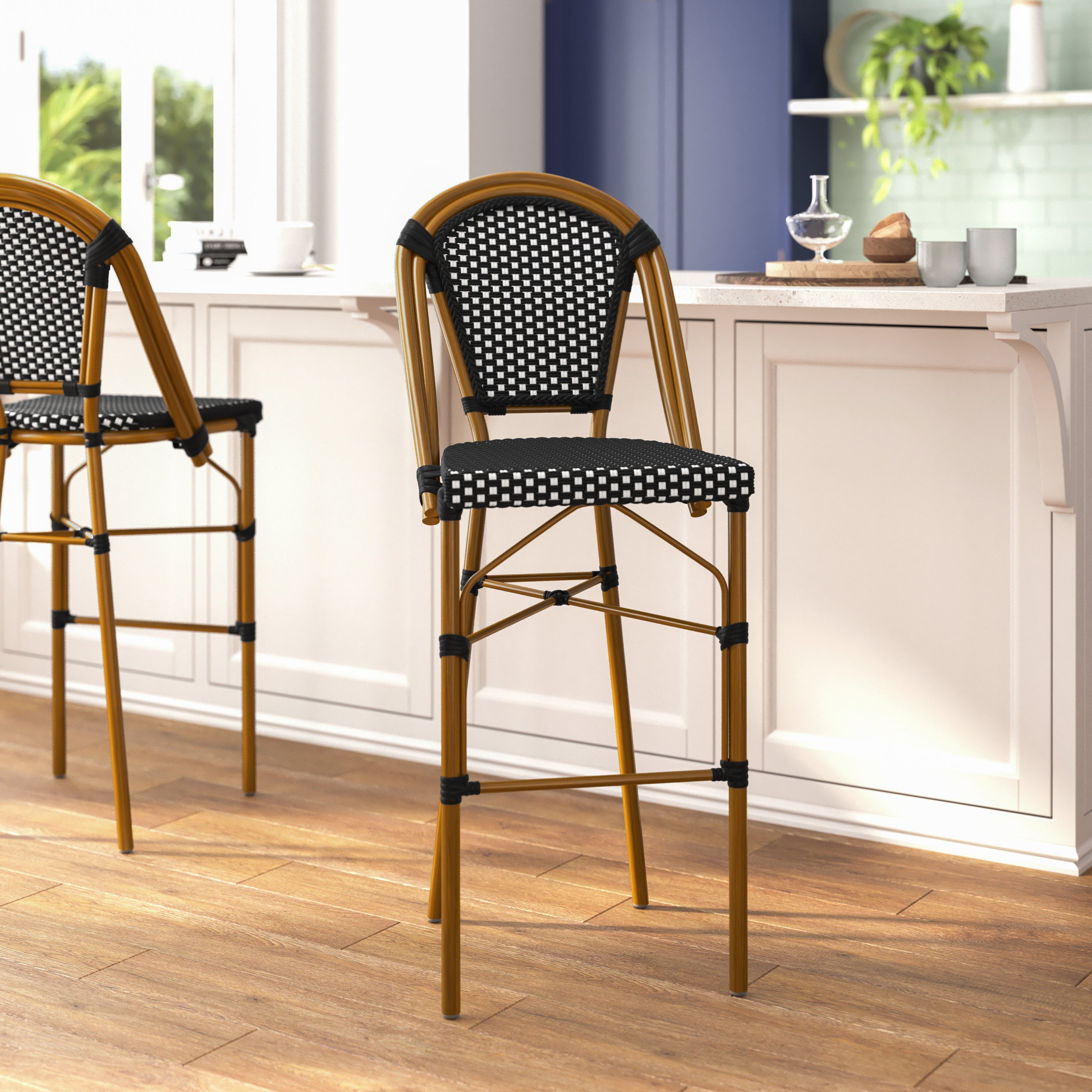 Bordeaux Set of 2 Stackable Indoor/Outdoor Bistro 30" High Barstools, Commercial Grade, Black/White and Bamboo Finish