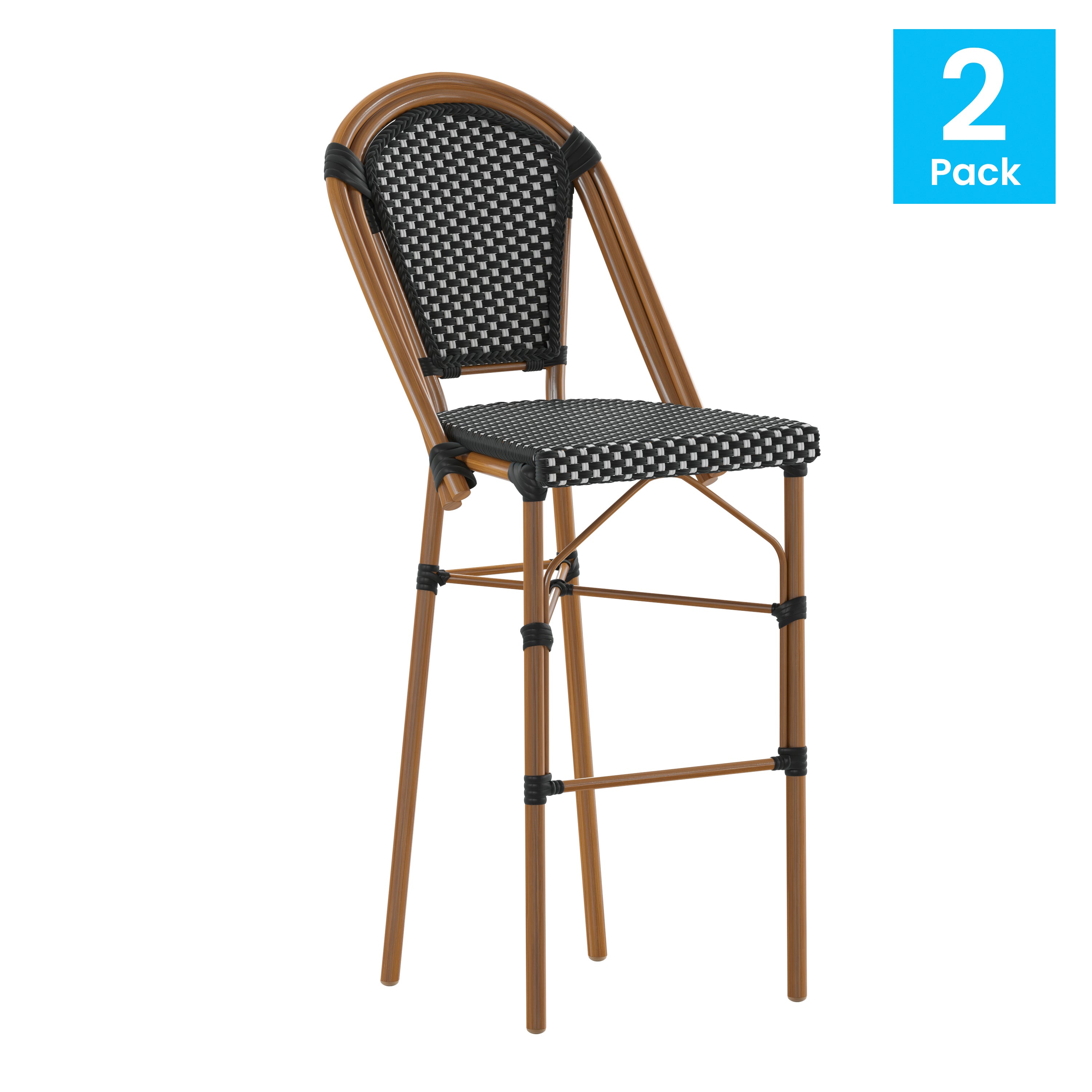 Bordeaux Set of 2 Stackable Indoor/Outdoor Bistro 30" High Barstools, Commercial Grade, Black/White and Bamboo Finish