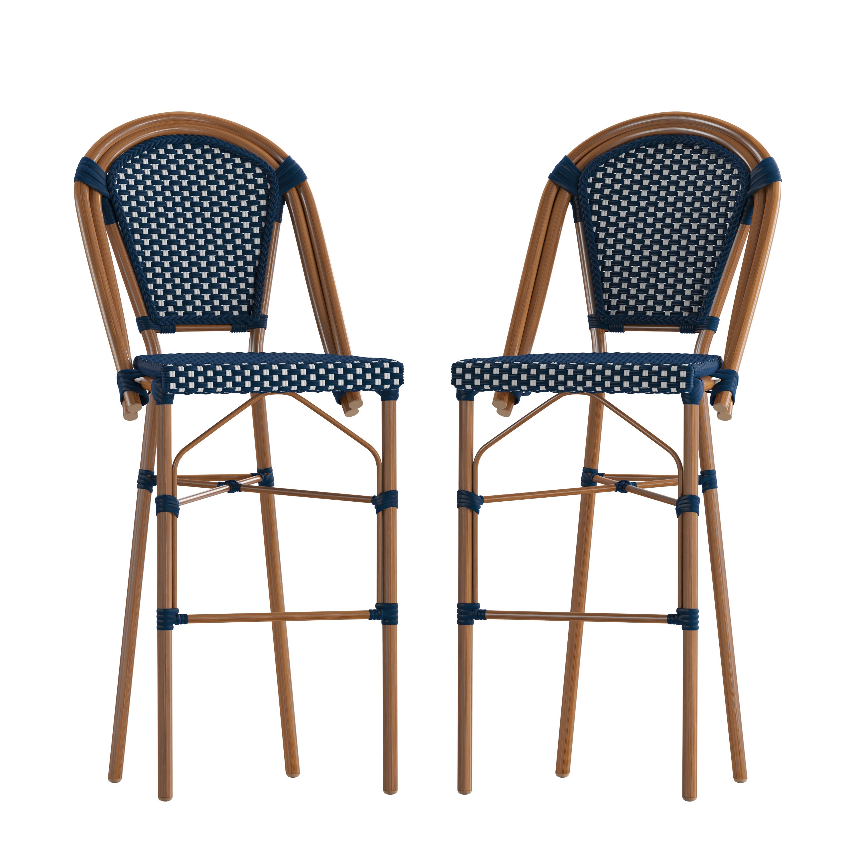 Bordeaux Set of 2 Stackable Indoor/Outdoor Bistro 30" High Barstools, Commercial Grade, Navy/White and Bamboo Finish