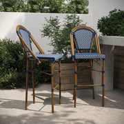 Bordeaux Set of 2 Stackable Indoor/Outdoor Bistro 30" High Barstools, Commercial Grade, Navy/White and Bamboo Finish