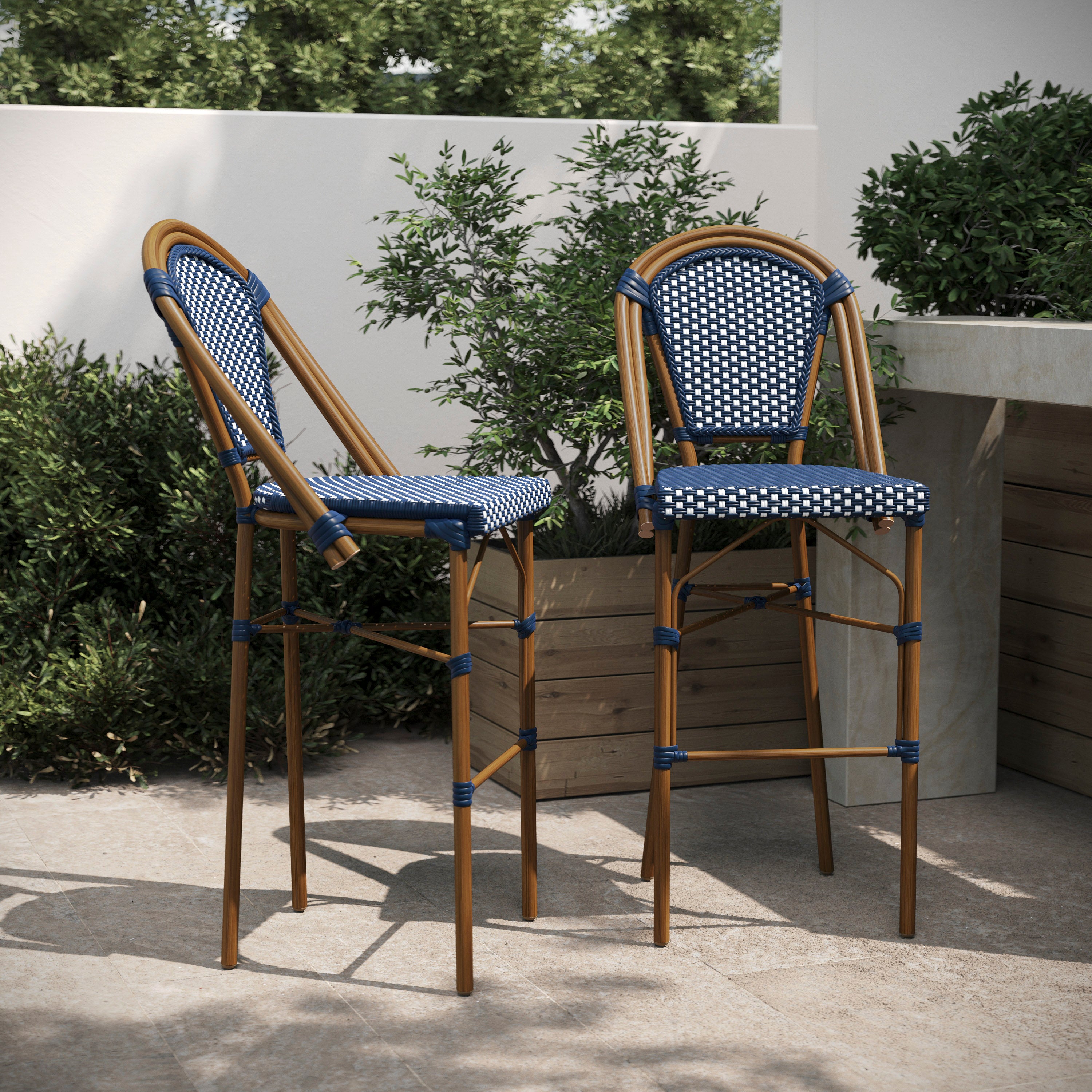 Bordeaux Set of 2 Stackable Indoor/Outdoor Bistro 30" High Barstools, Commercial Grade, Navy/White and Bamboo Finish