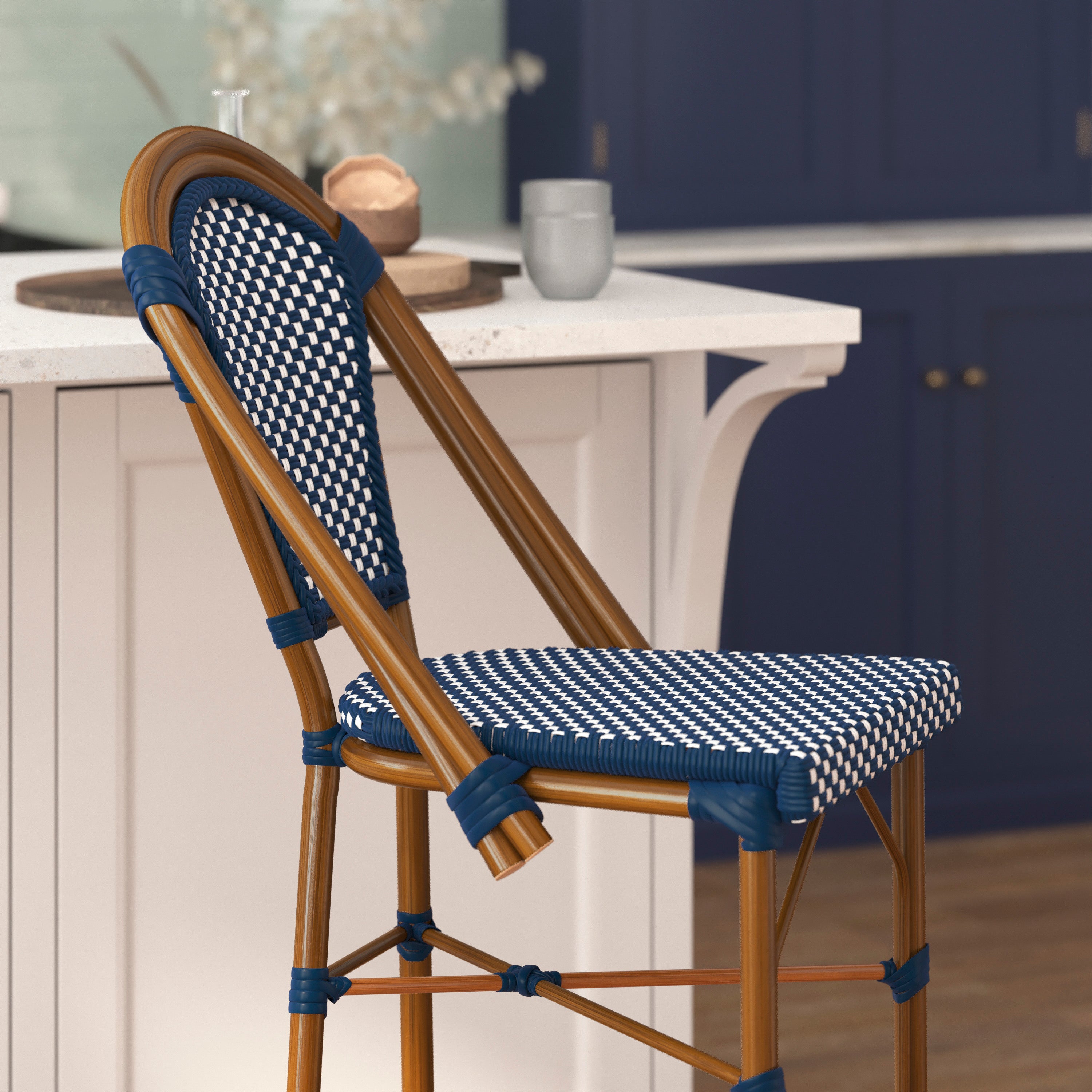 Bordeaux Set of 2 Stackable Indoor/Outdoor Bistro 30" High Barstools, Commercial Grade, Navy/White and Bamboo Finish