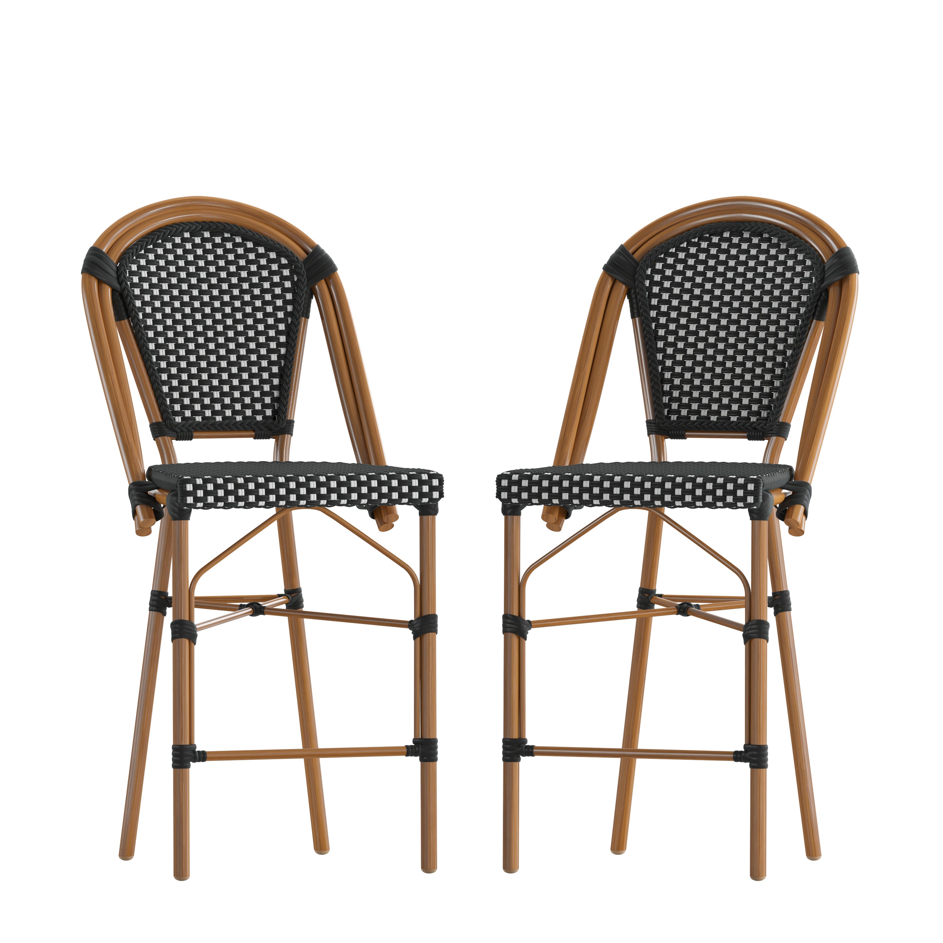 Bordeaux Set of 2 Stackable Indoor/Outdoor Bistro 26" High Counter Height Stools, Commercial Grade, Black/White and Bamboo Finish