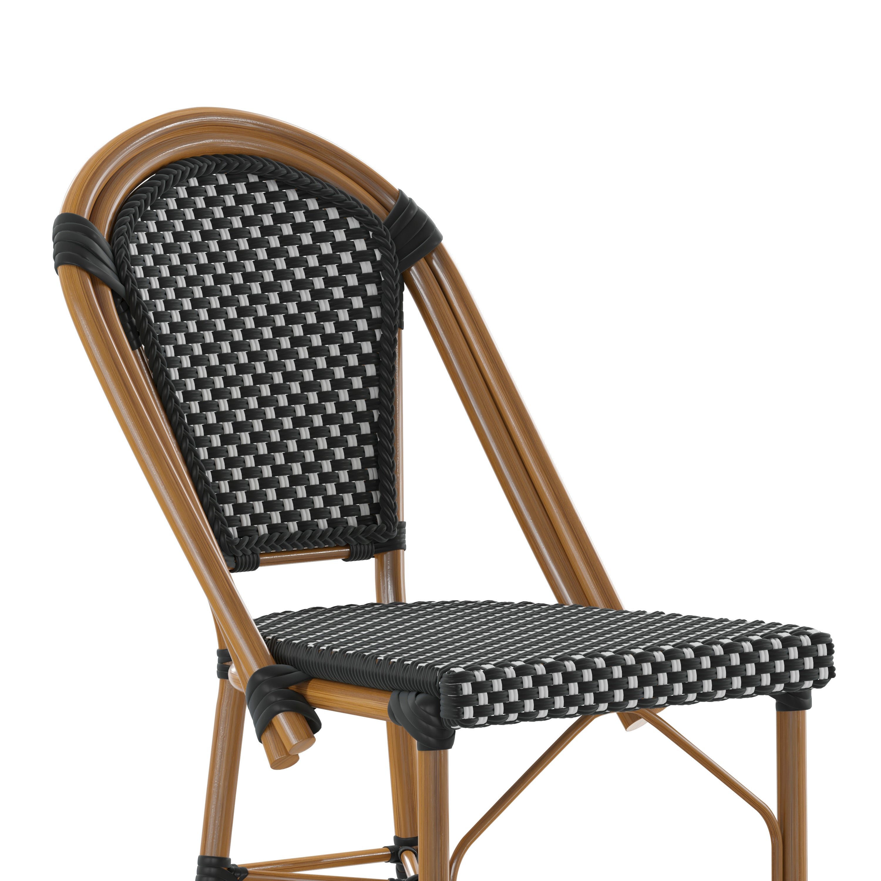 Bordeaux Set of 2 Stackable Indoor/Outdoor Bistro 26" High Counter Height Stools, Commercial Grade, Black/White and Bamboo Finish