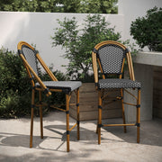 Bordeaux Set of 2 Stackable Indoor/Outdoor Bistro 26" High Counter Height Stools, Commercial Grade, Black/White and Bamboo Finish
