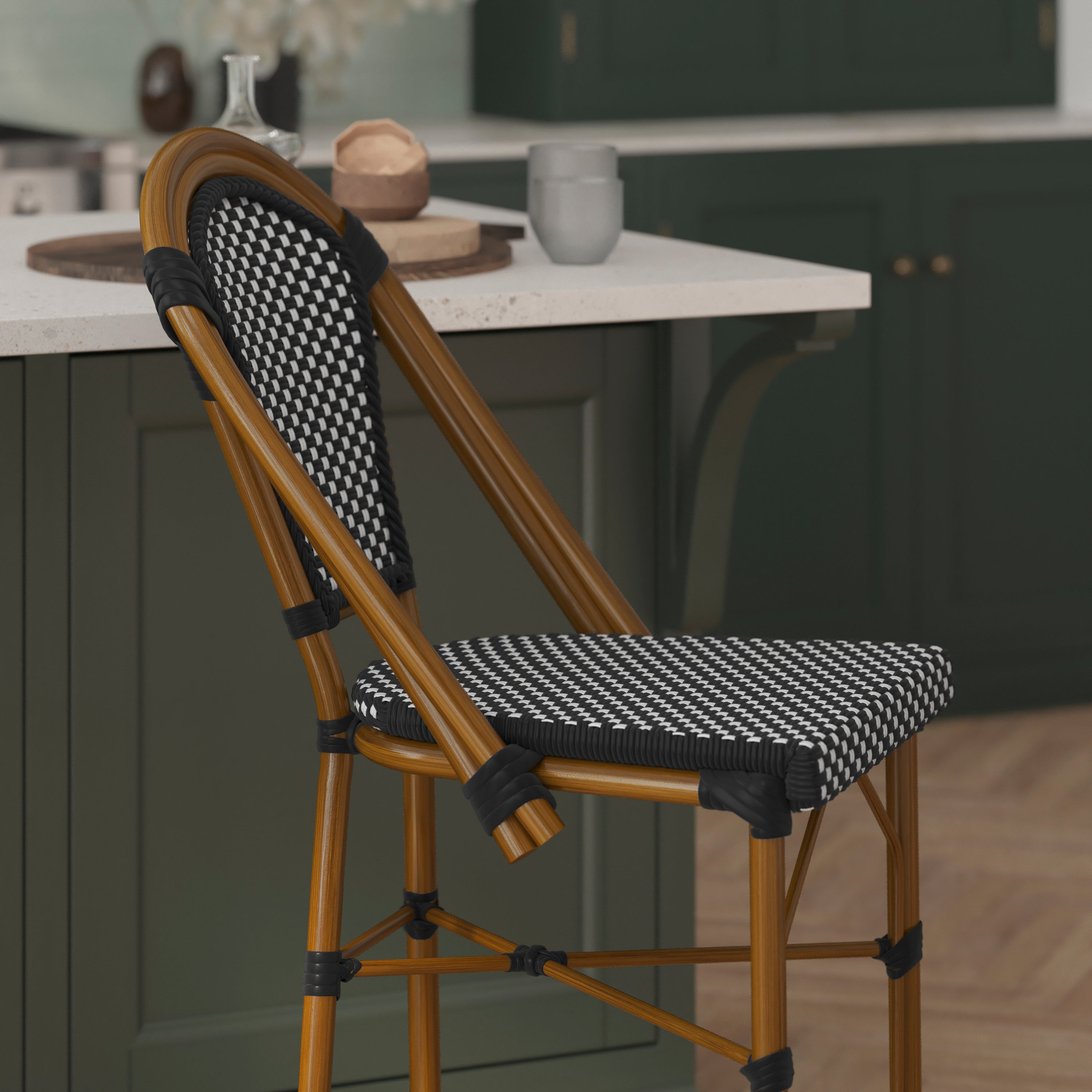 Bordeaux Set of 2 Stackable Indoor/Outdoor Bistro 26" High Counter Height Stools, Commercial Grade, Black/White and Bamboo Finish