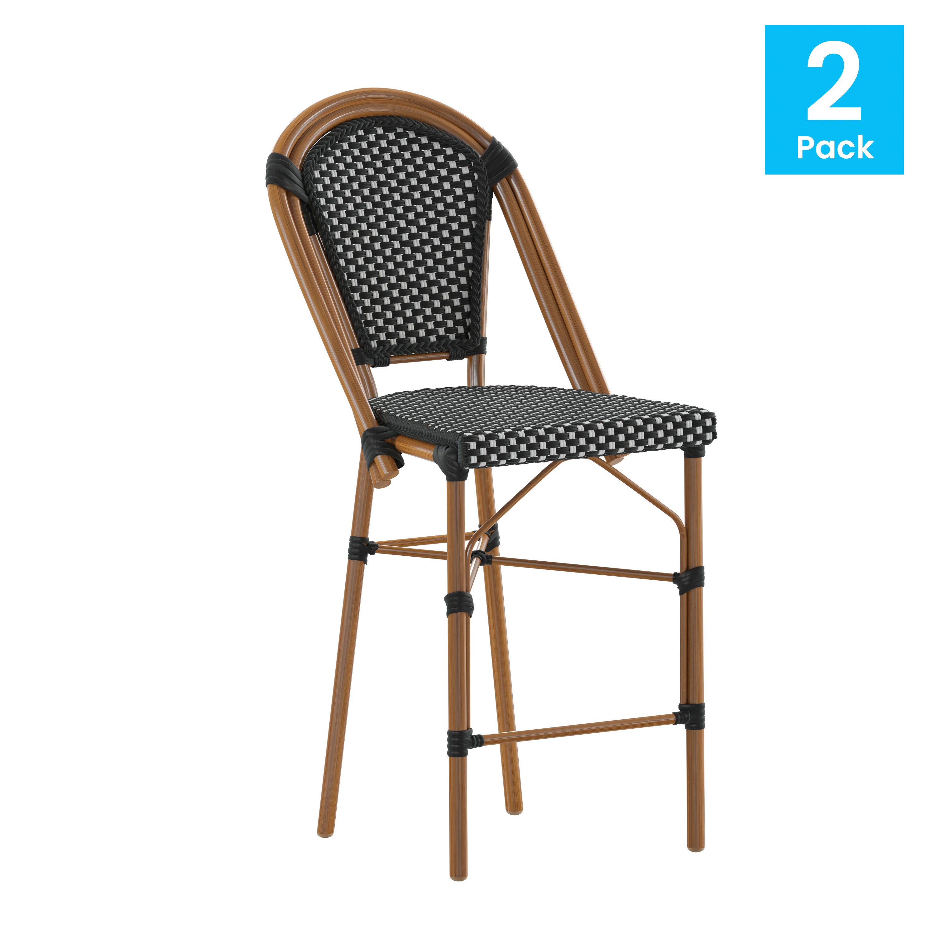 Bordeaux Set of 2 Stackable Indoor/Outdoor Bistro 26" High Counter Height Stools, Commercial Grade, Black/White and Bamboo Finish