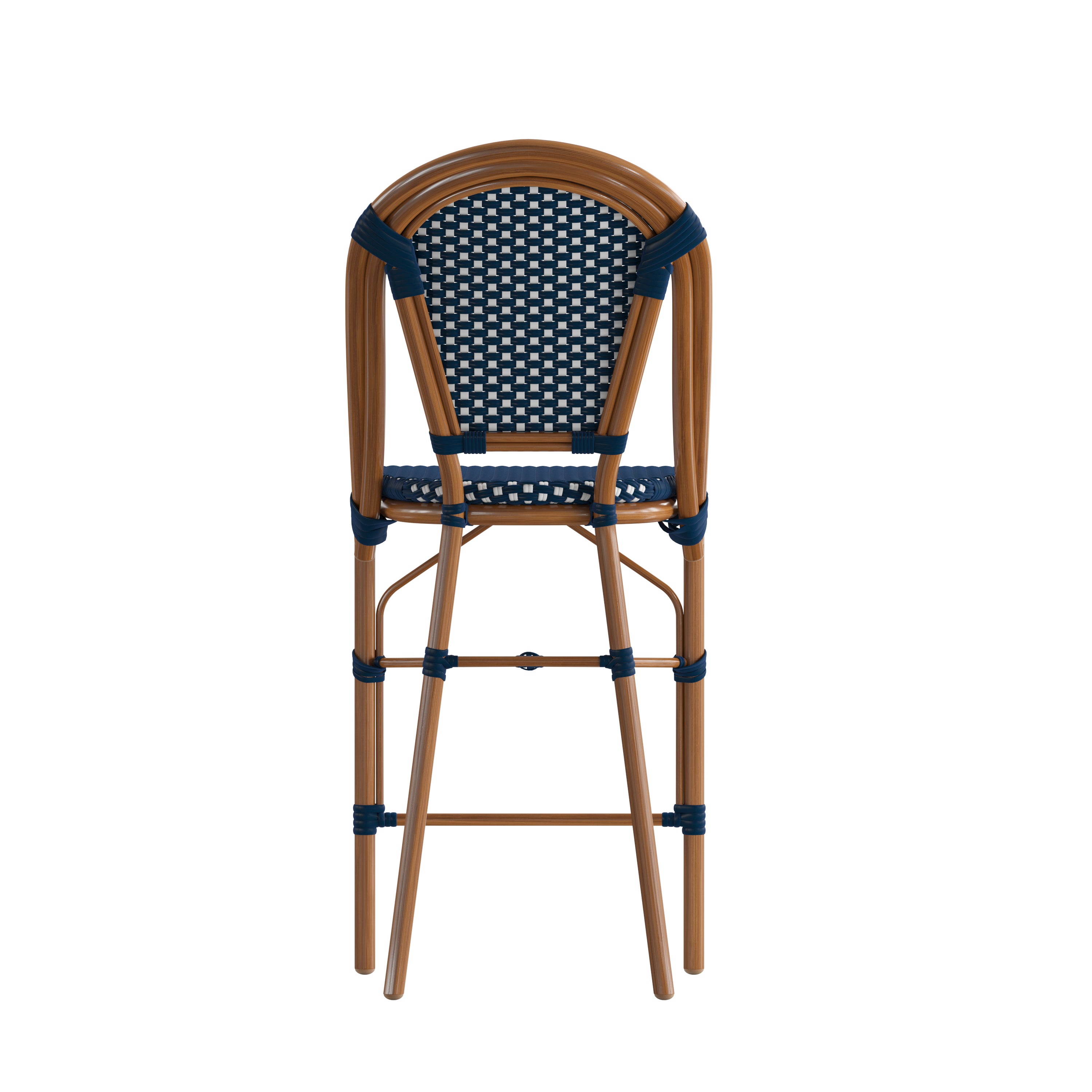 Bordeaux Set of 2 Stackable Indoor/Outdoor Bistro 26" High Counter Height Stools, Commercial Grade, Navy/White and Bamboo Finish