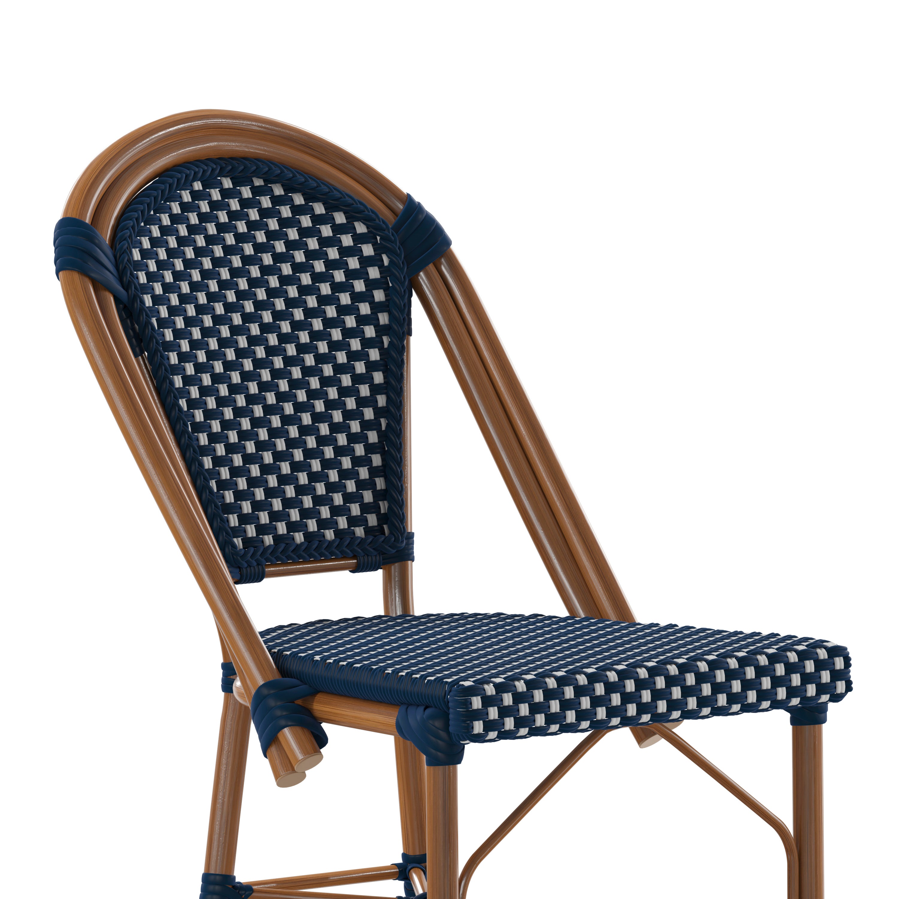 Bordeaux Set of 2 Stackable Indoor/Outdoor Bistro 26" High Counter Height Stools, Commercial Grade, Navy/White and Bamboo Finish