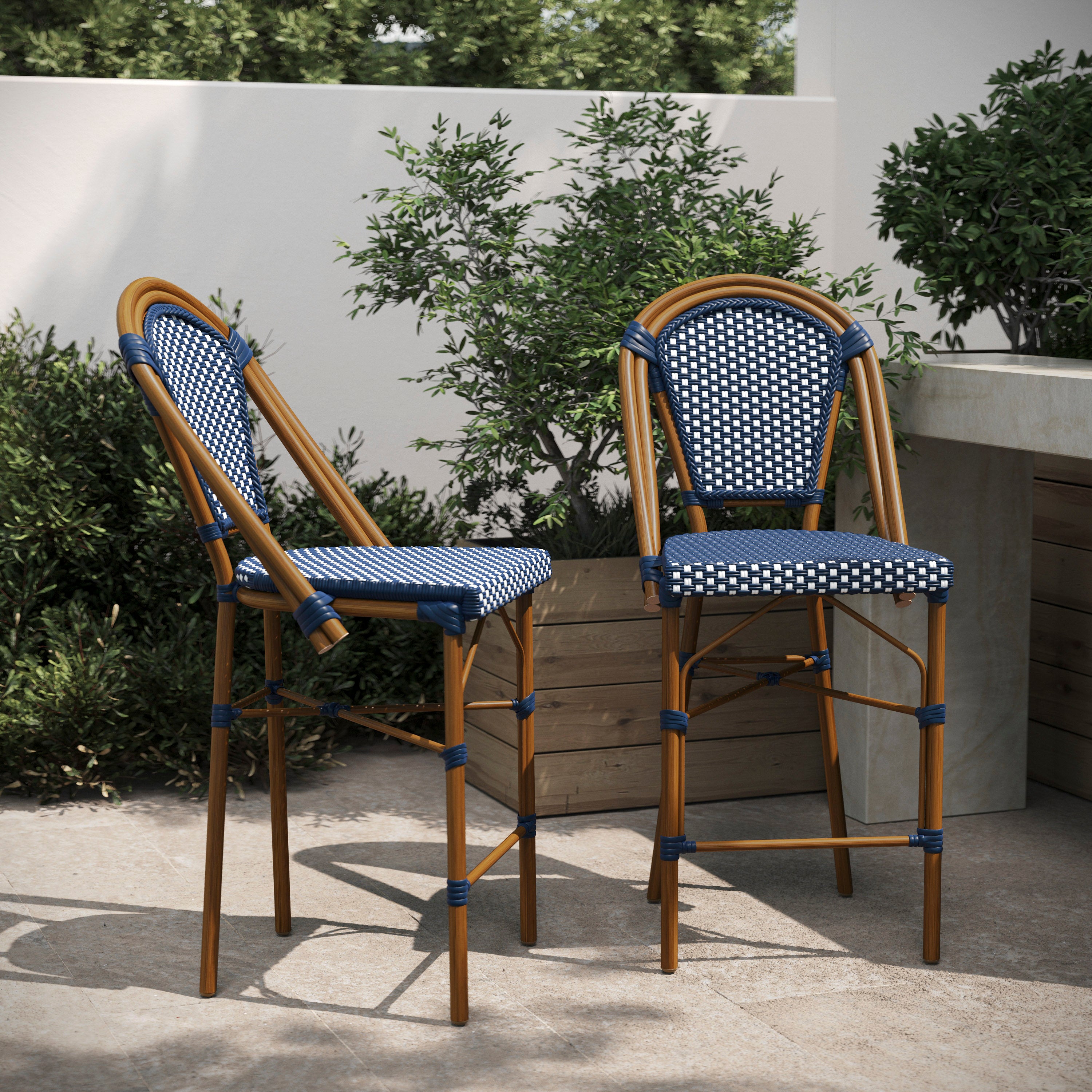 Bordeaux Set of 2 Stackable Indoor/Outdoor Bistro 26" High Counter Height Stools, Commercial Grade, Navy/White and Bamboo Finish