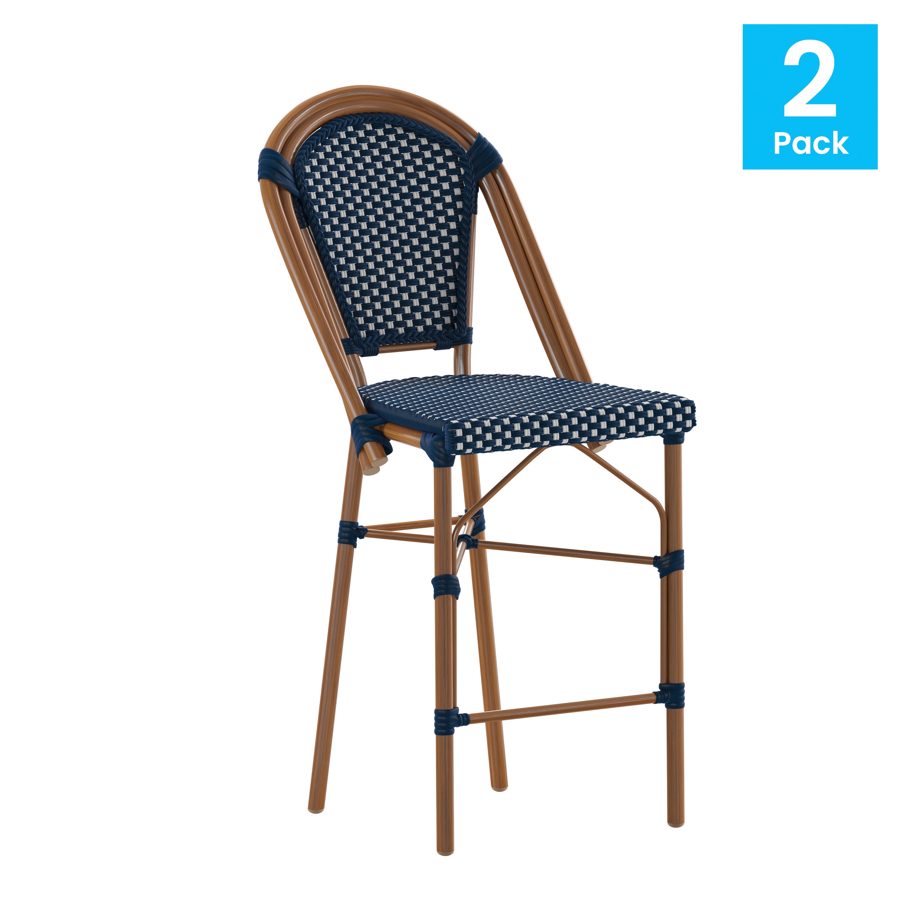 Bordeaux Set of 2 Stackable Indoor/Outdoor Bistro 26" High Counter Height Stools, Commercial Grade, Navy/White and Bamboo Finish