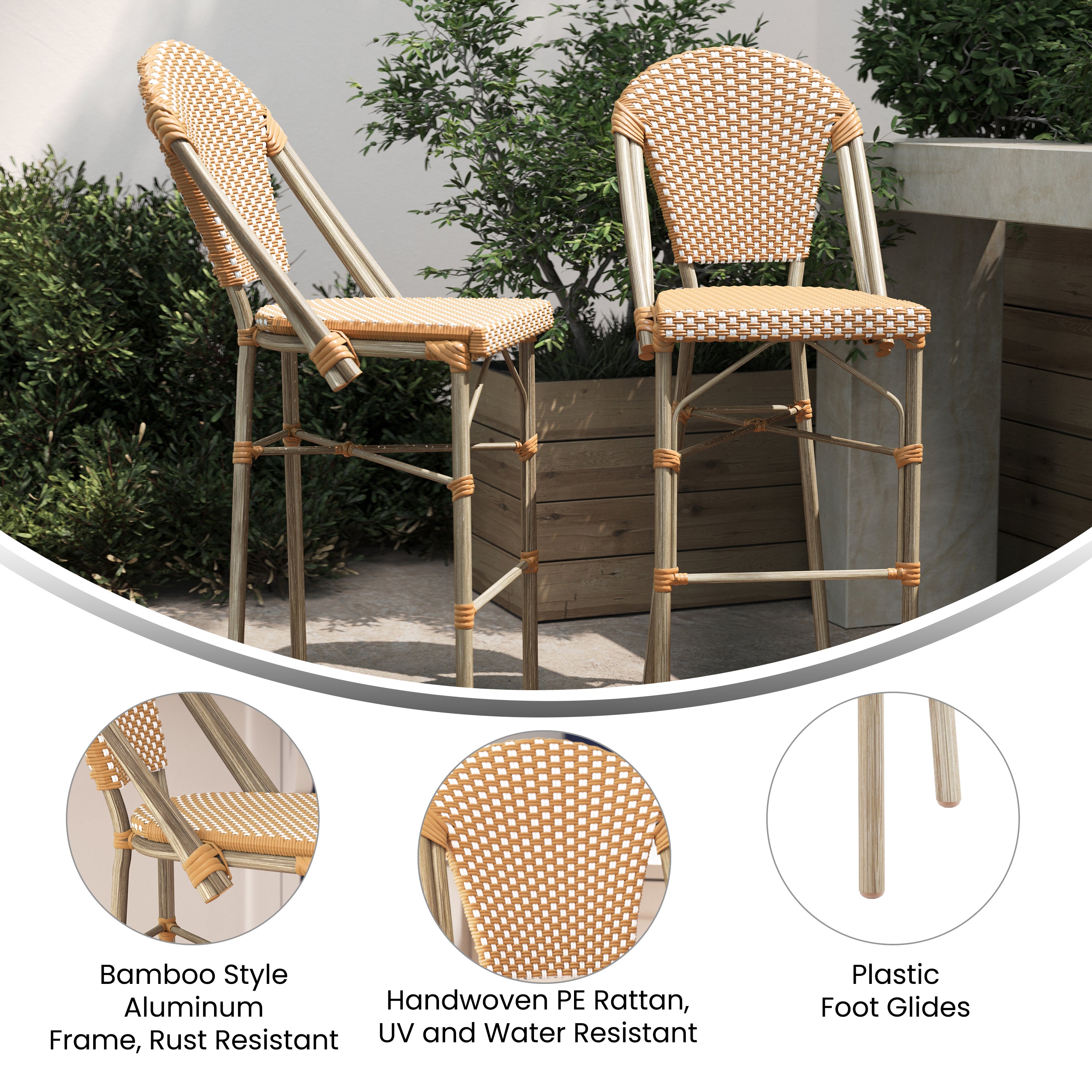 Lourdes Set of 2 Stackable Indoor/Outdoor Bistro 30" High Bar Stools, Commercial Grade, Natural/White and Light Natural Finish