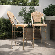 Lourdes Set of 2 Stackable Indoor/Outdoor Bistro 30" High Bar Stools, Commercial Grade, Natural/White and Light Natural Finish