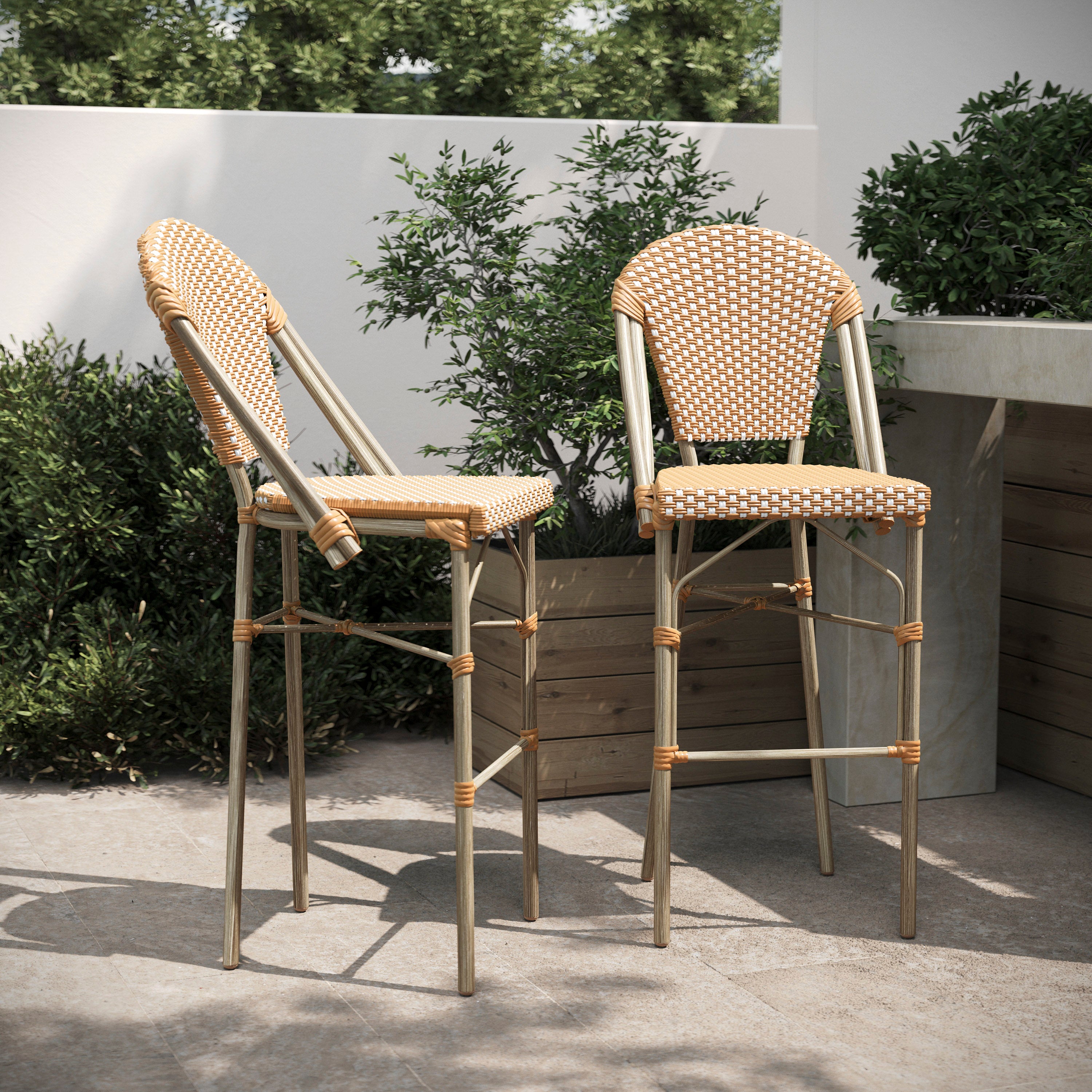 Lourdes Set of 2 Stackable Indoor/Outdoor Bistro 30" High Bar Stools, Commercial Grade, Natural/White and Light Natural Finish