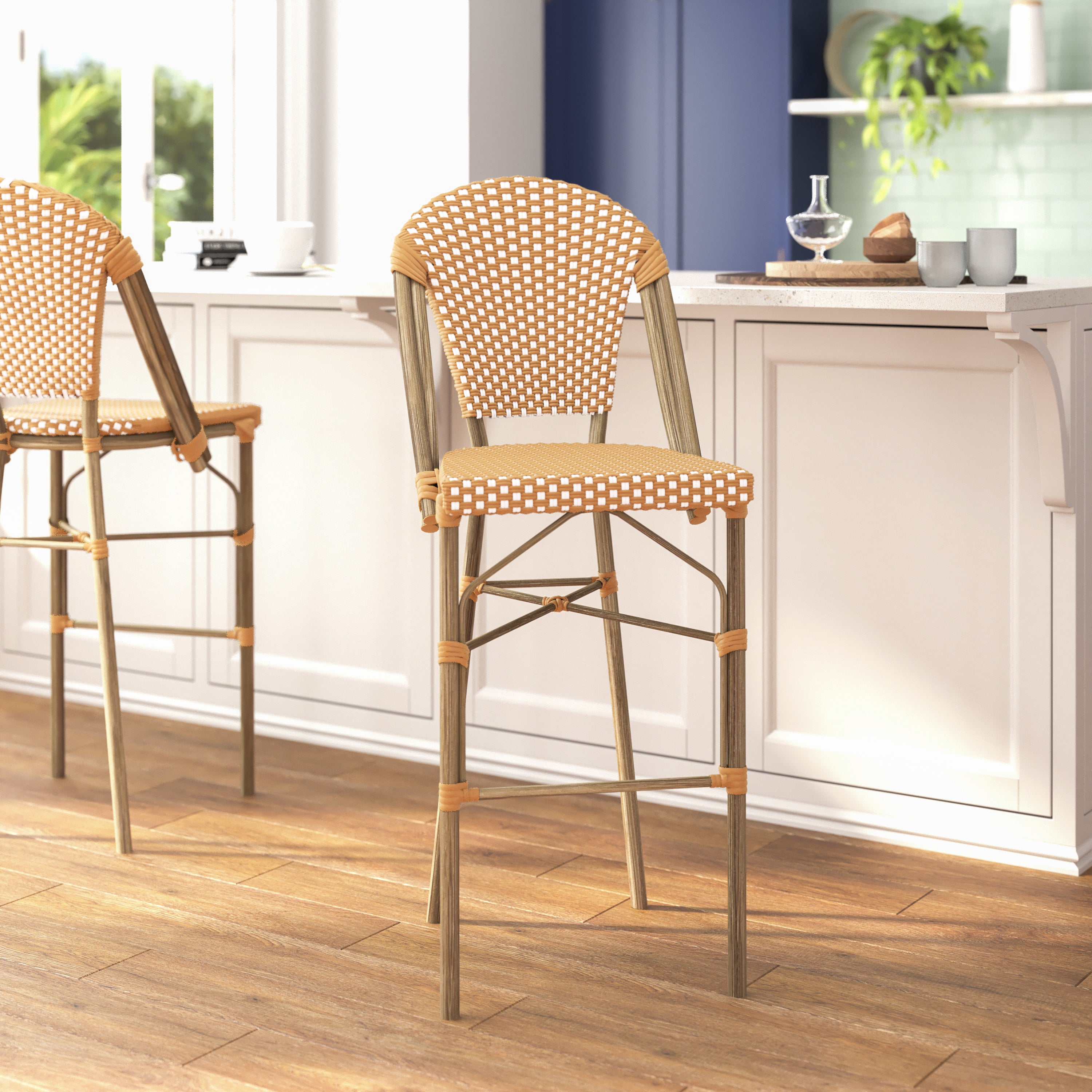 Lourdes Set of 2 Stackable Indoor/Outdoor Bistro 30" High Bar Stools, Commercial Grade, Natural/White and Light Natural Finish