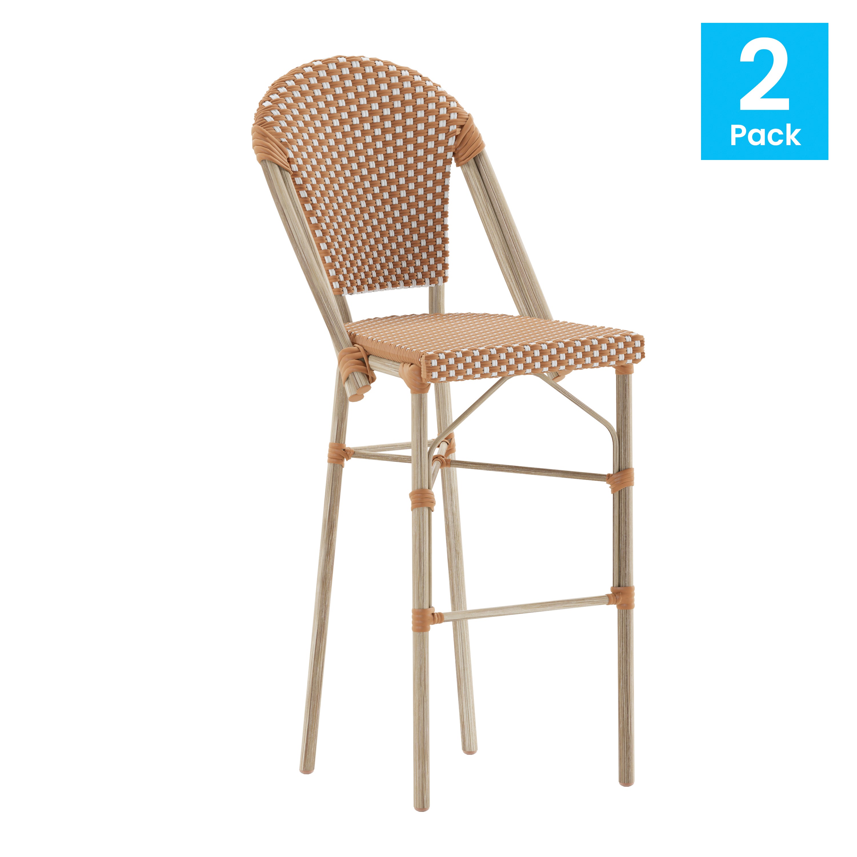 Lourdes Set of 2 Stackable Indoor/Outdoor Bistro 30" High Bar Stools, Commercial Grade, Natural/White and Light Natural Finish