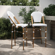 Lourdes Set of 2 Stackable Indoor/Outdoor Bistro 30" High Barstools, Commercial Grade, White/Gray and Bamboo Finish