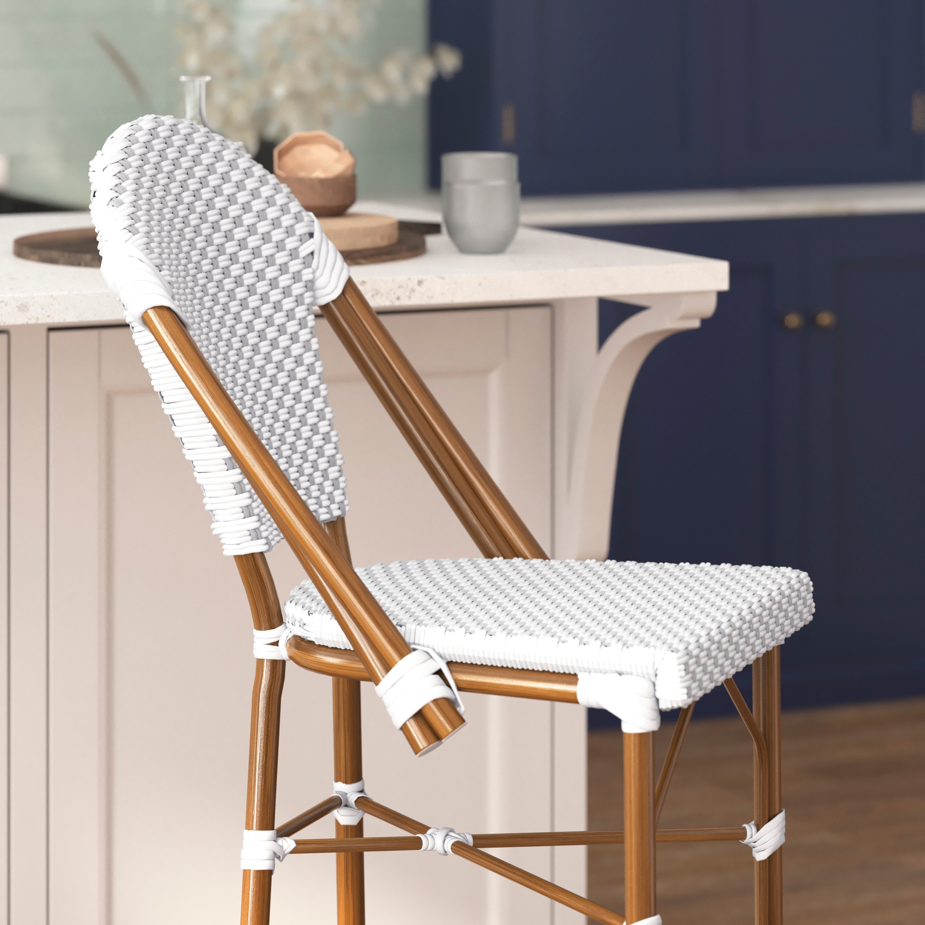 Lourdes Set of 2 Stackable Indoor/Outdoor Bistro 30" High Barstools, Commercial Grade, White/Gray and Bamboo Finish