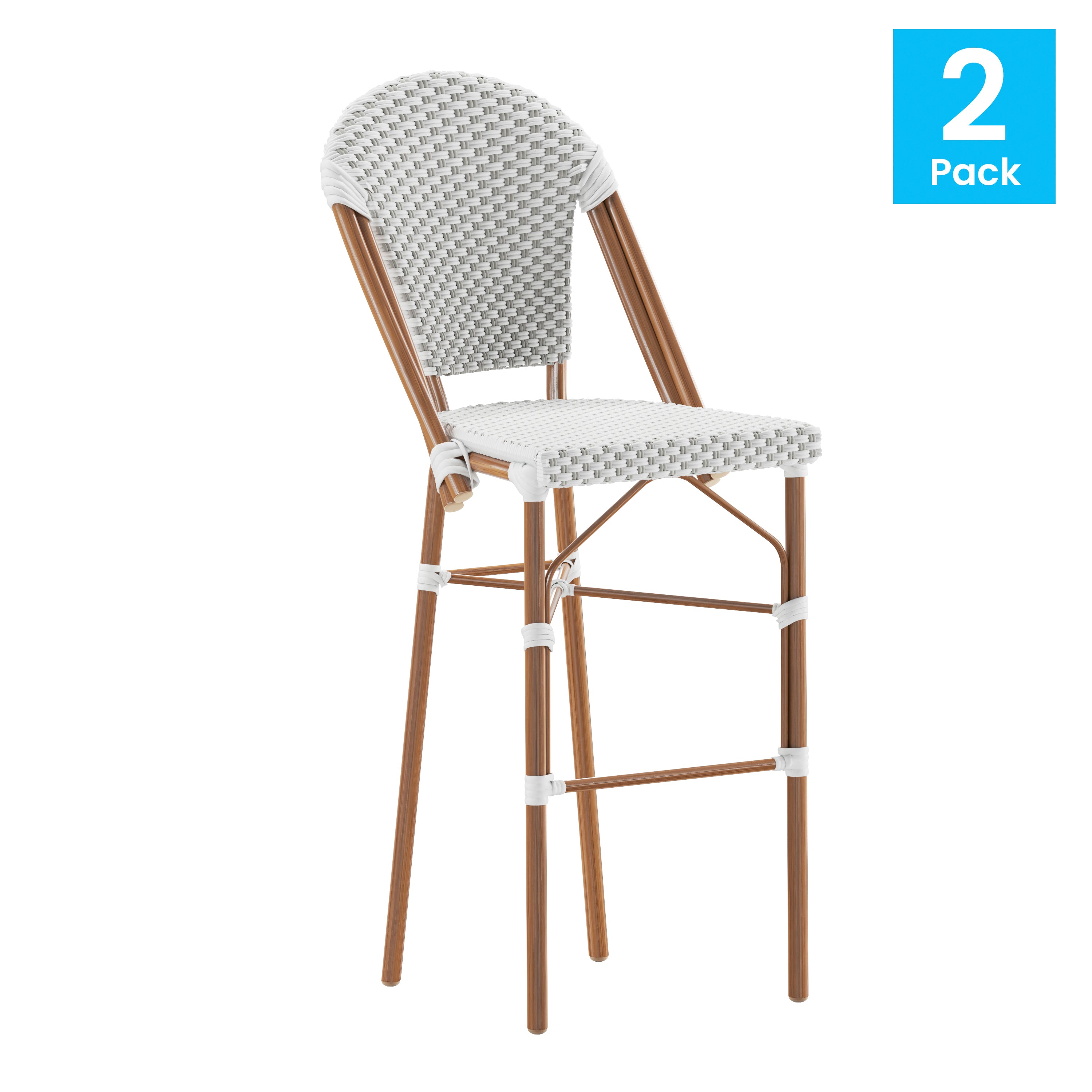 Lourdes Set of 2 Stackable Indoor/Outdoor Bistro 30" High Barstools, Commercial Grade, White/Gray and Bamboo Finish