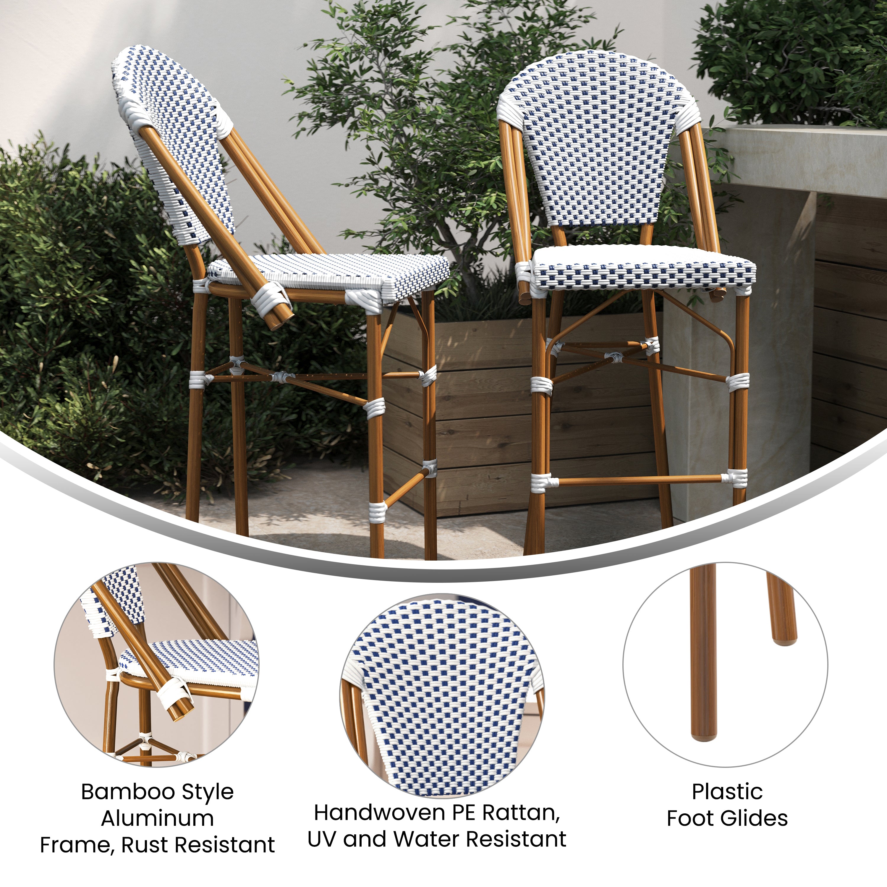Lourdes Set of 2 Stackable Indoor/Outdoor Bistro 30" High Barstools, Commercial Grade, White/Navy and Bamboo Finish