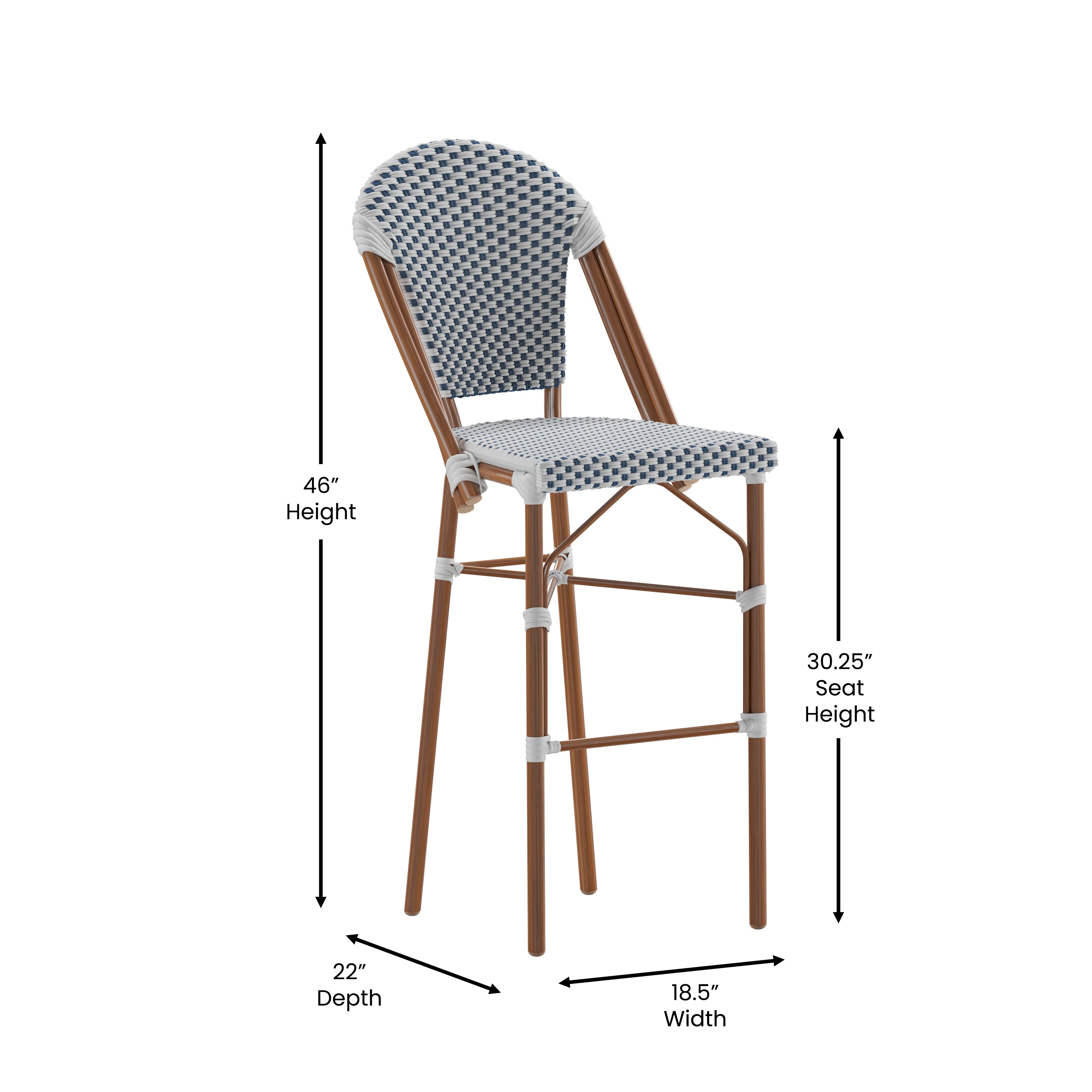 Lourdes Set of 2 Stackable Indoor/Outdoor Bistro 30" High Barstools, Commercial Grade, White/Navy and Bamboo Finish