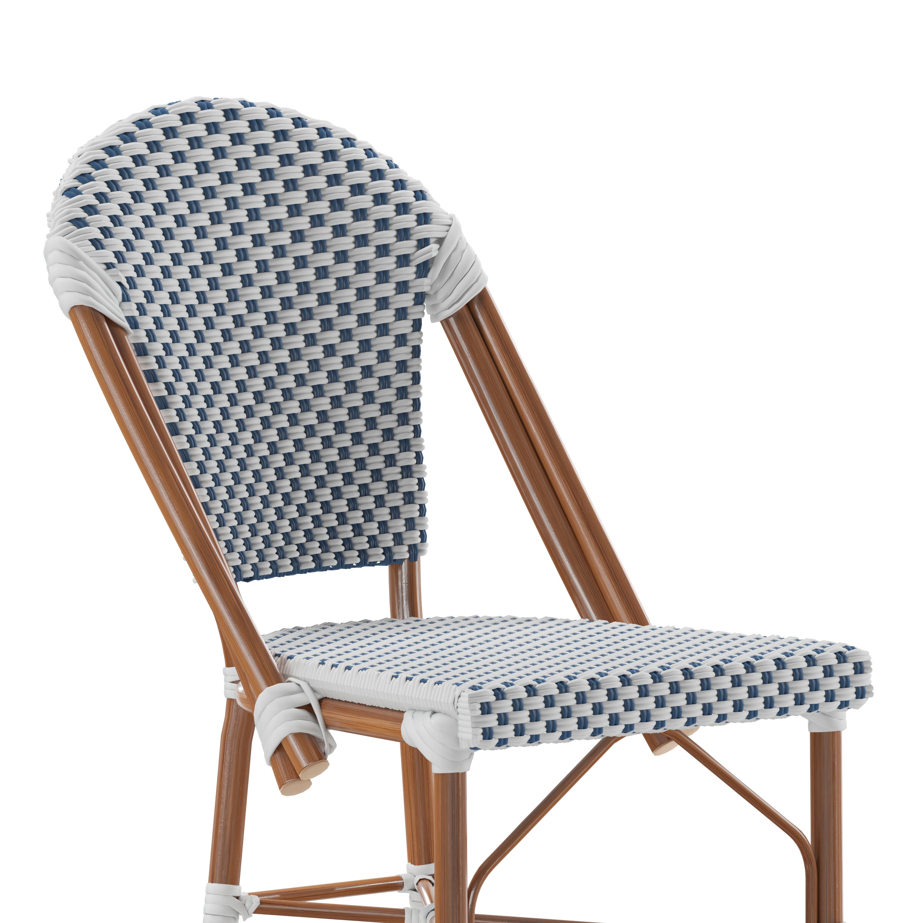 Lourdes Set of 2 Stackable Indoor/Outdoor Bistro 30" High Barstools, Commercial Grade, White/Navy and Bamboo Finish