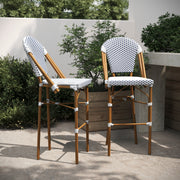Lourdes Set of 2 Stackable Indoor/Outdoor Bistro 30" High Barstools, Commercial Grade, White/Navy and Bamboo Finish