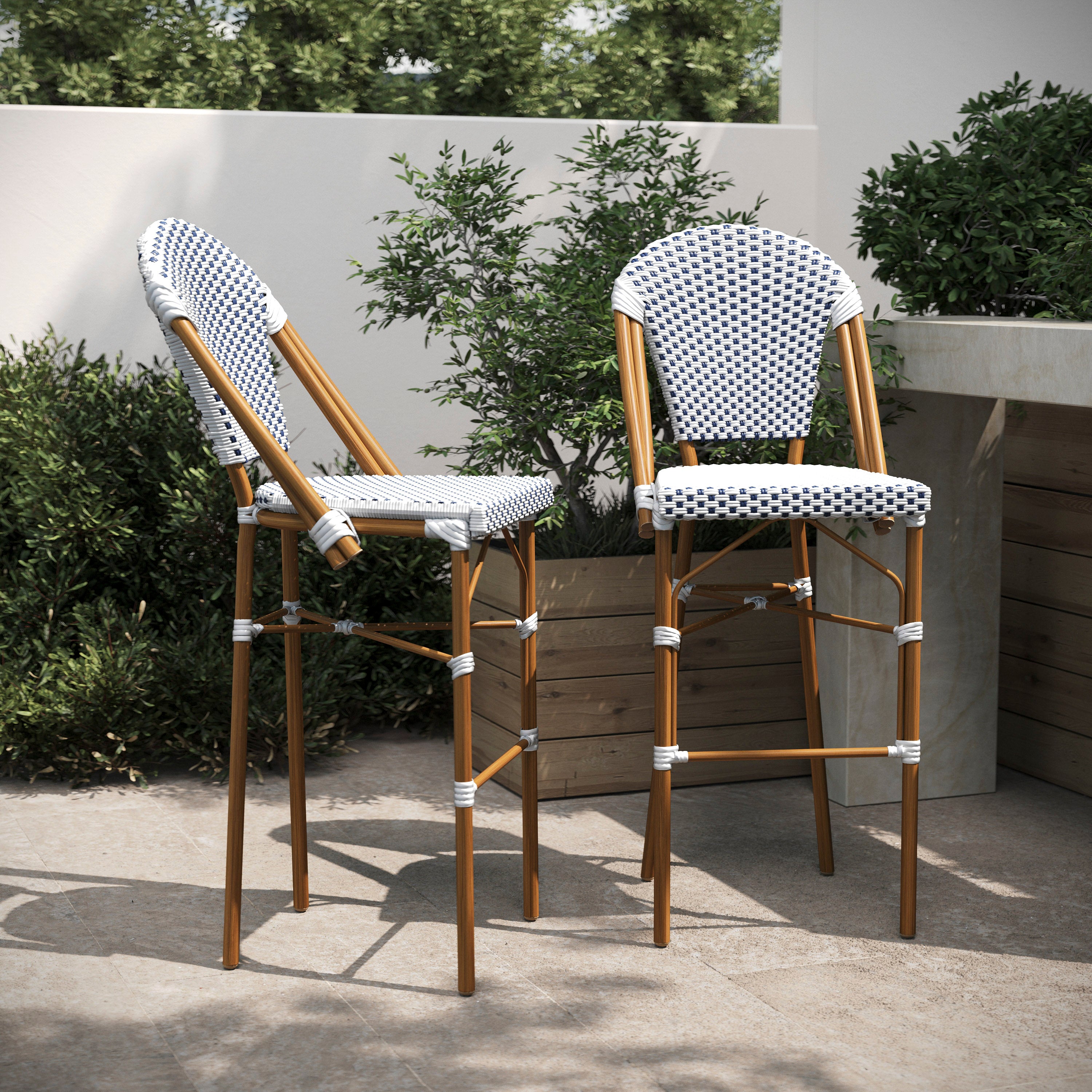 Lourdes Set of 2 Stackable Indoor/Outdoor Bistro 30" High Barstools, Commercial Grade, White/Navy and Bamboo Finish
