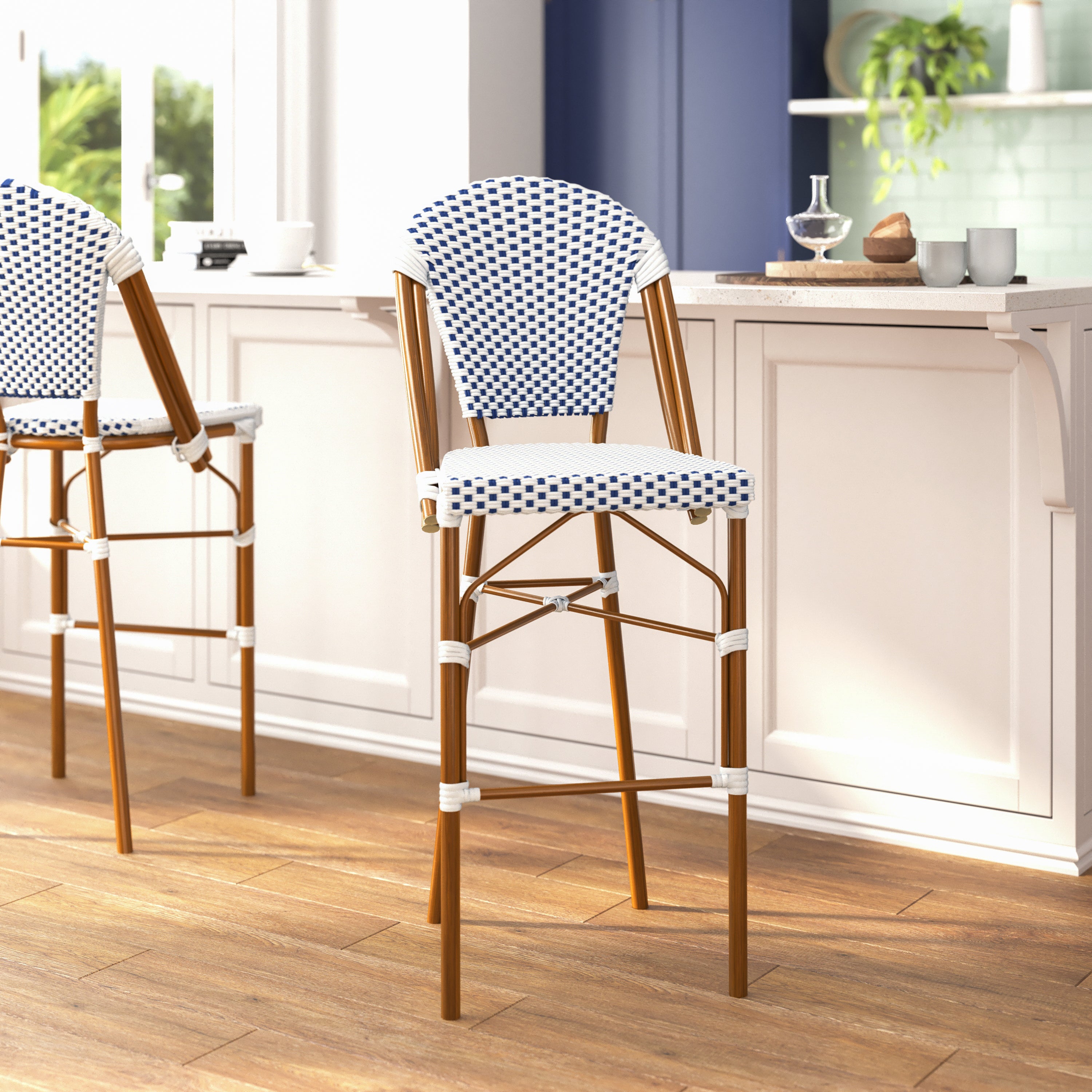 Lourdes Set of 2 Stackable Indoor/Outdoor Bistro 30" High Barstools, Commercial Grade, White/Navy and Bamboo Finish